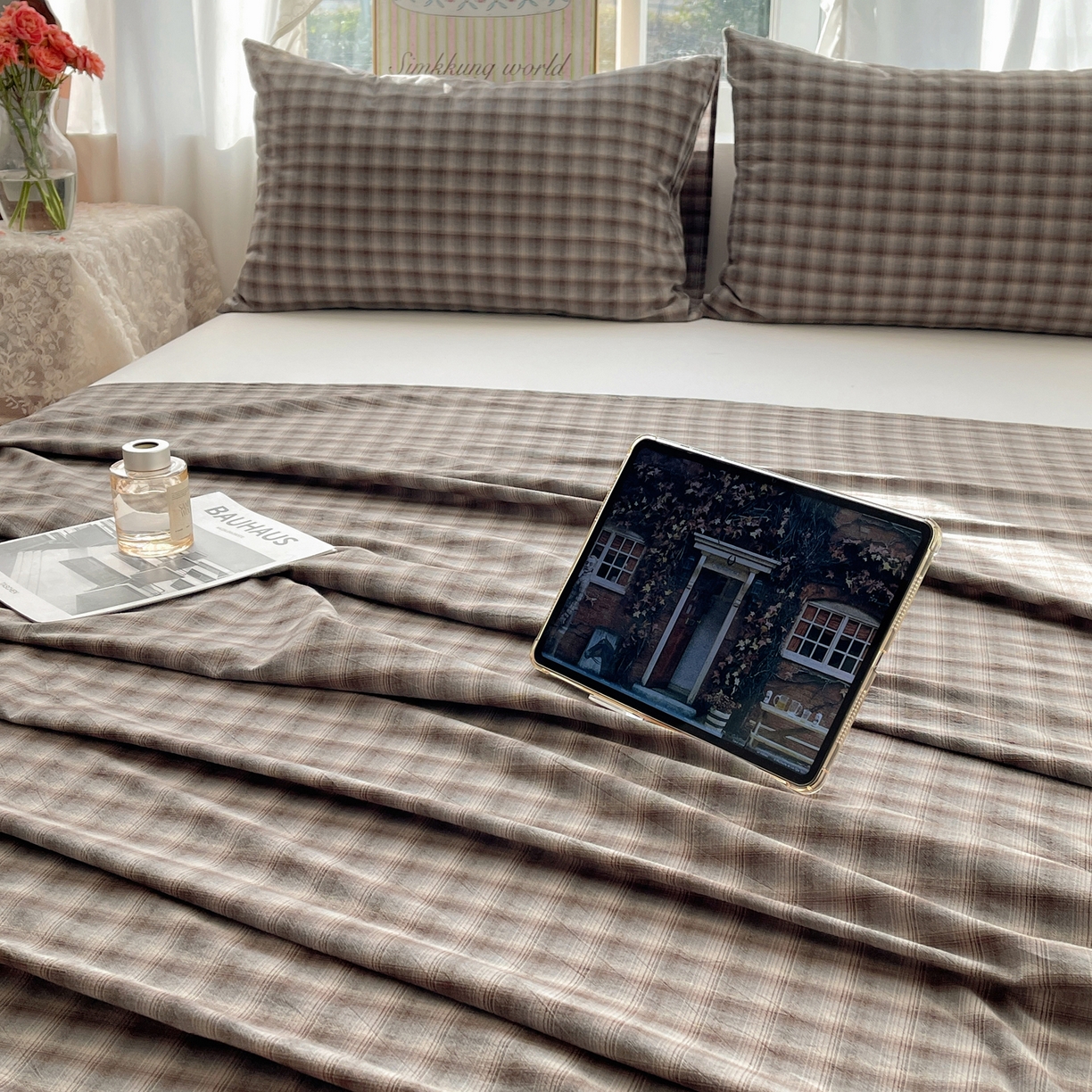 91家纺网 家纺一手货源 找家纺 六巷胡同 2026新款A类全棉纯棉水洗棉色织格子单品床单 床单单件 巷往-蓝格