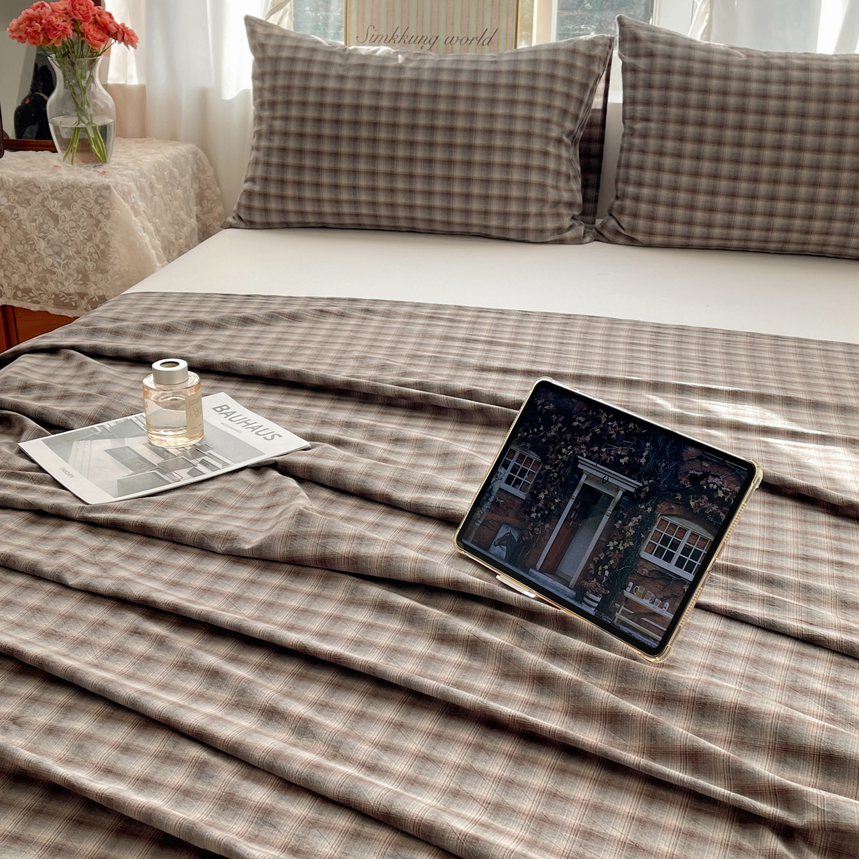 91家纺网 家纺一手货源 找家纺 六巷胡同 2026新款A类全棉纯棉水洗棉色织格子单品床单 床单单件 巷往-蓝格