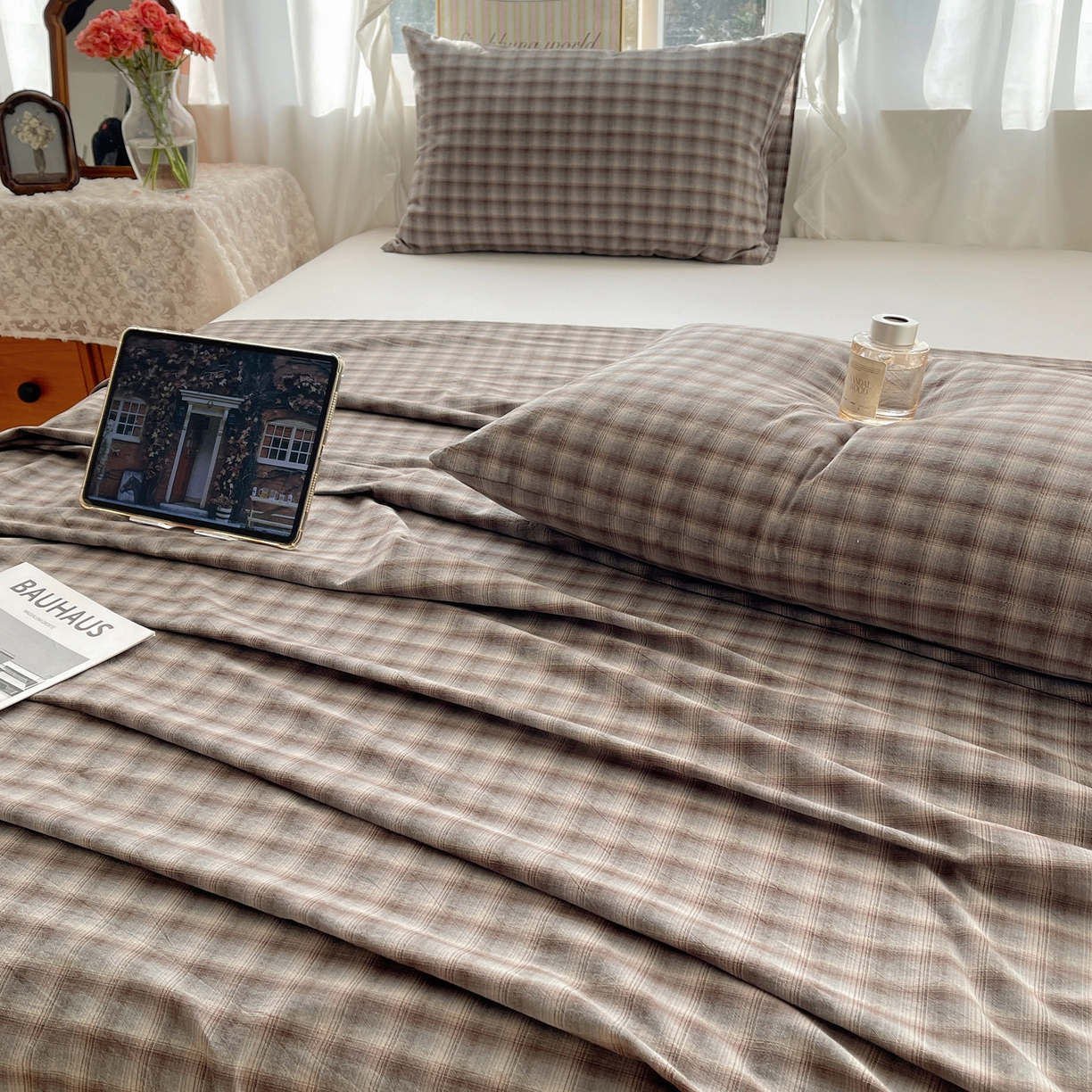 91家纺网 家纺一手货源 找家纺 六巷胡同 2026新款A类全棉纯棉水洗棉色织格子单品床单 床单单件 巷往-蓝格