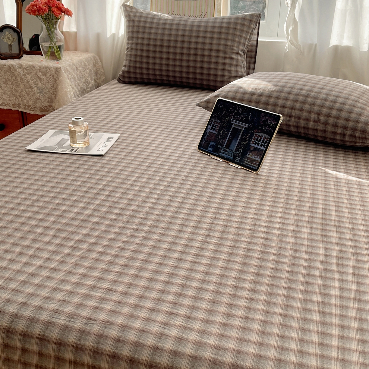 91家纺网 家纺一手货源 找家纺 六巷胡同 2026新款A类全棉纯棉水洗棉色织格子单品床单 床单单件 巷往-蓝格