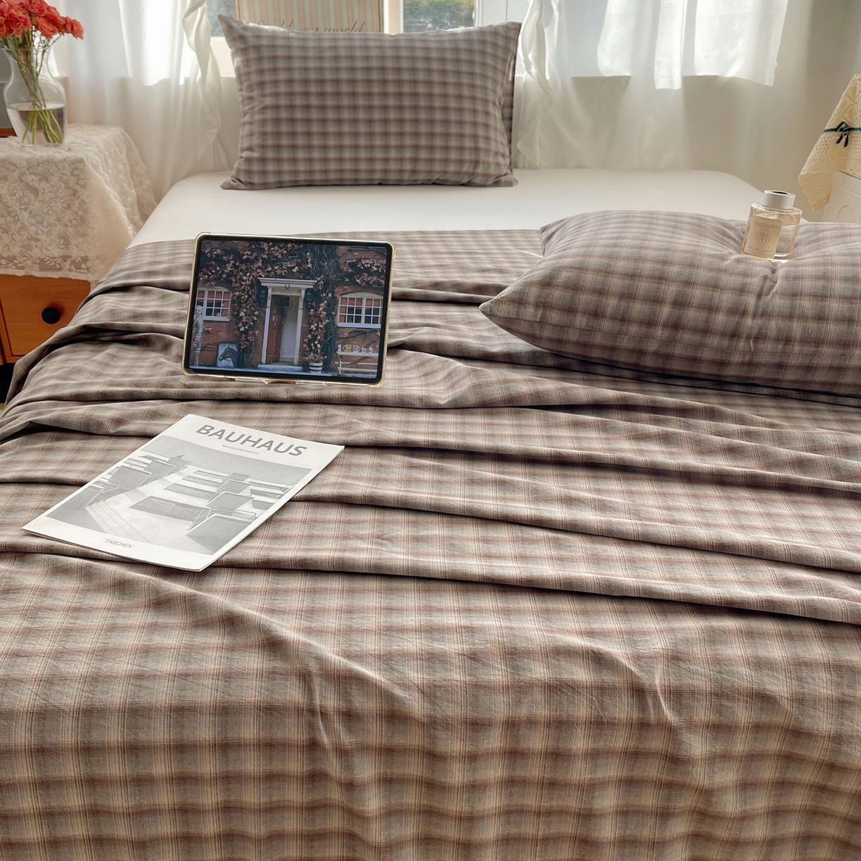 91家纺网 家纺一手货源 找家纺 六巷胡同 2026新款A类全棉纯棉水洗棉色织格子单品床单 床单单件 巷往-蓝格