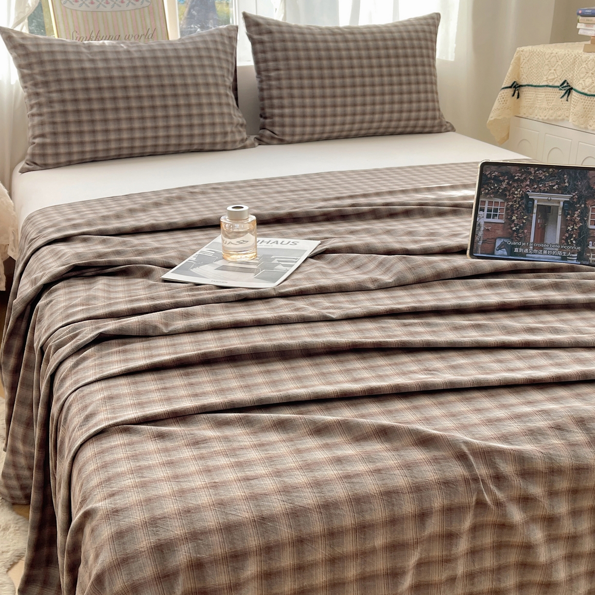 91家纺网 家纺一手货源 找家纺 六巷胡同 2026新款A类全棉纯棉水洗棉色织格子单品床单 床单单件 巷往-蓝格