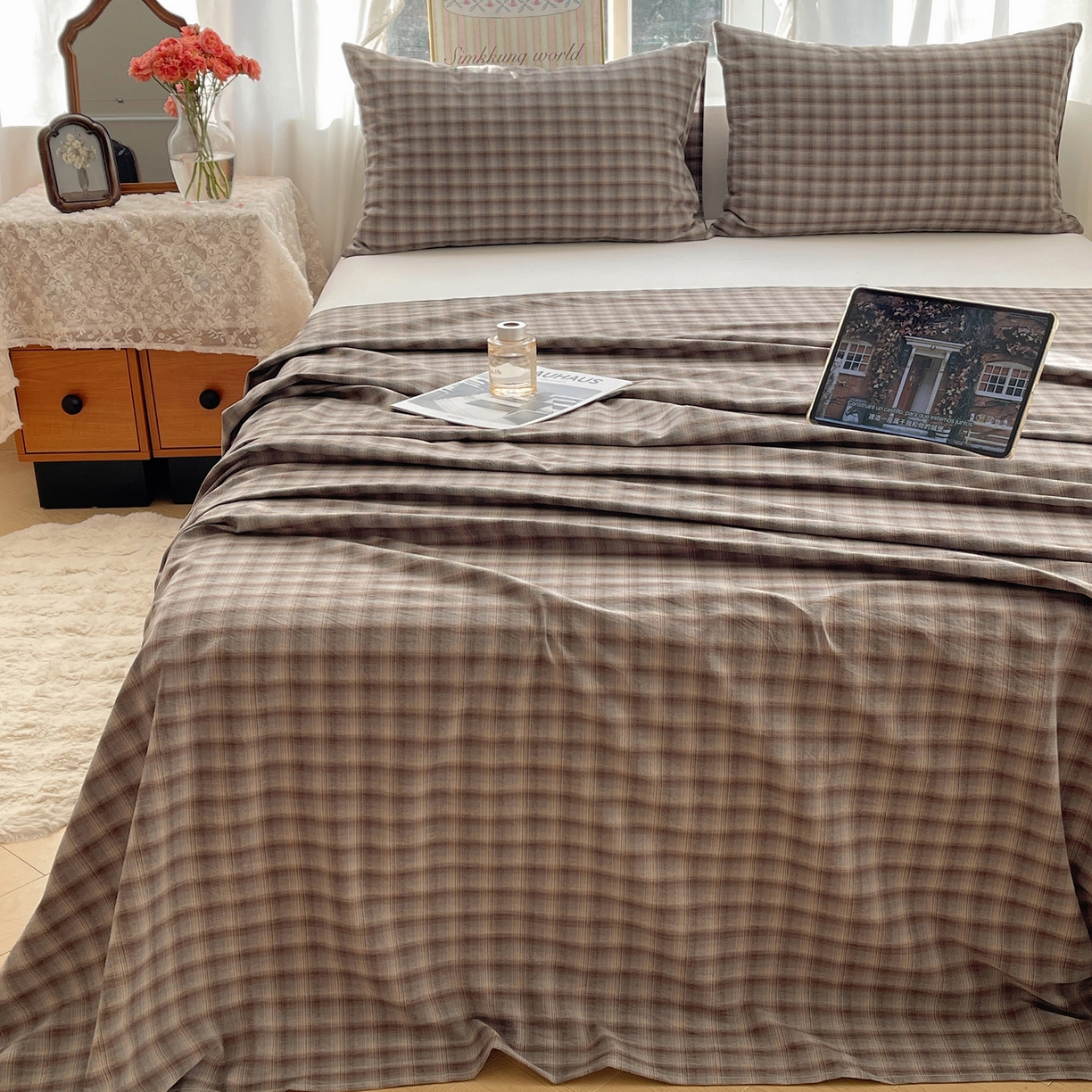 91家纺网 家纺一手货源 找家纺 六巷胡同 2026新款A类全棉纯棉水洗棉色织格子单品床单 床单单件 巷往-蓝格