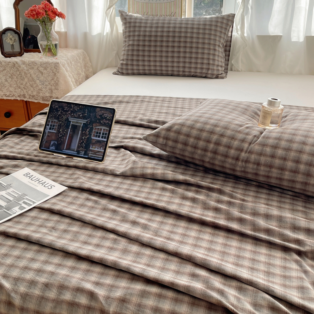 91家纺网 家纺一手货源 找家纺 六巷胡同 2026新款A类全棉纯棉水洗棉色织格子单品床单 床单单件 巷往-蓝格