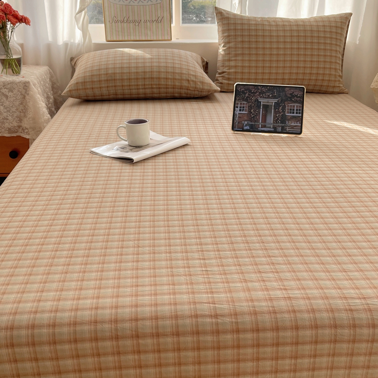 91家纺网 家纺一手货源 找家纺 六巷胡同 2026新款A类全棉纯棉水洗棉色织格子单品床单 床单单件 巷往-绿格