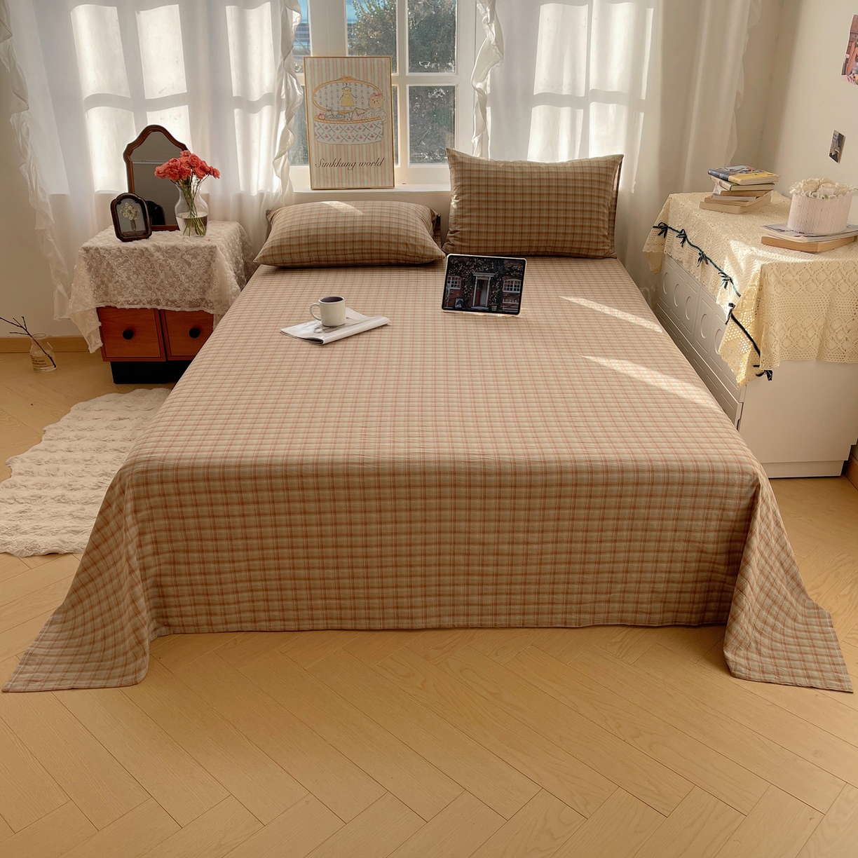 91家纺网 家纺一手货源 找家纺 六巷胡同 2026新款A类全棉纯棉水洗棉色织格子单品床单 床单单件 巷往-绿格