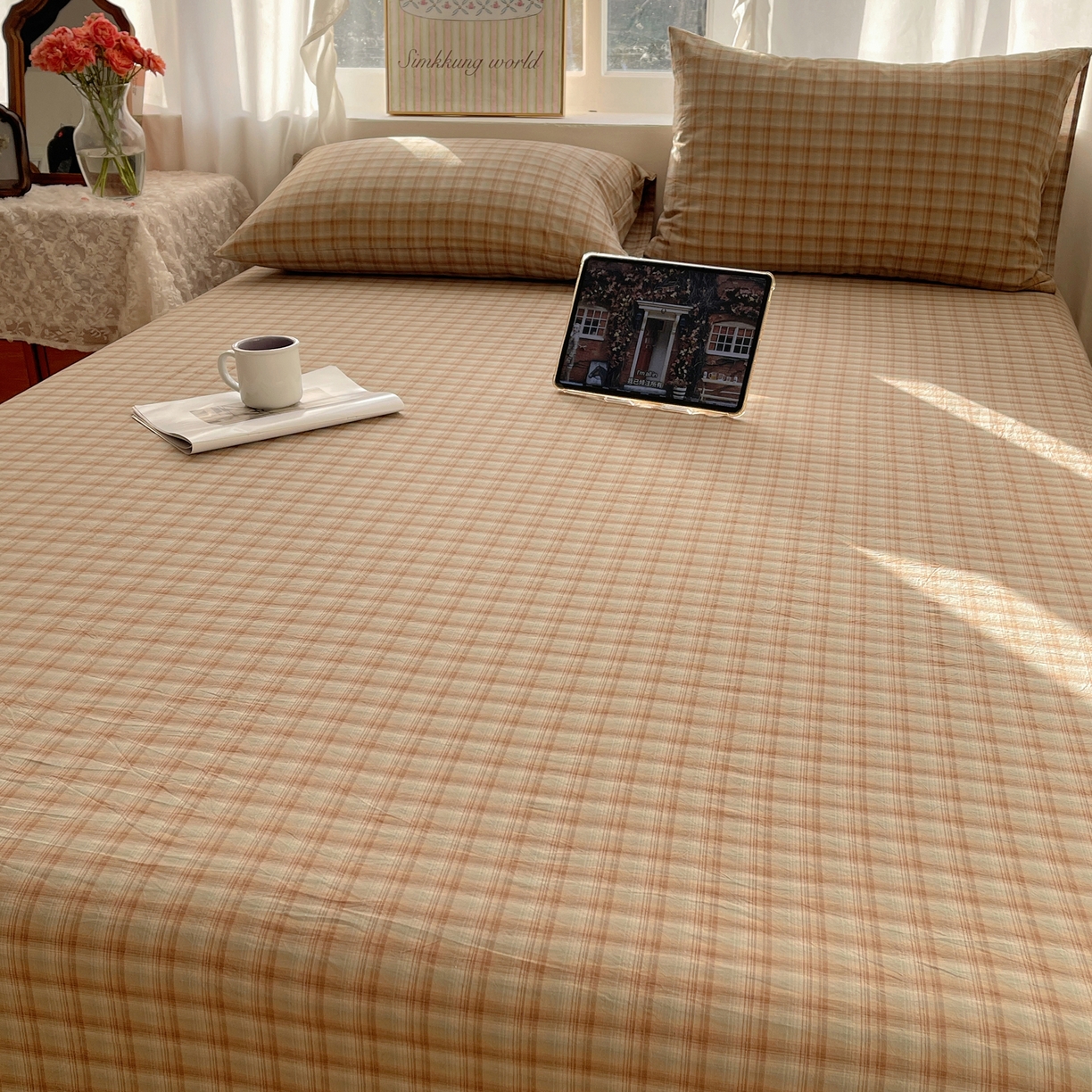 91家纺网 家纺一手货源 找家纺 六巷胡同 2026新款A类全棉纯棉水洗棉色织格子单品床单 床单单件 巷往-绿格