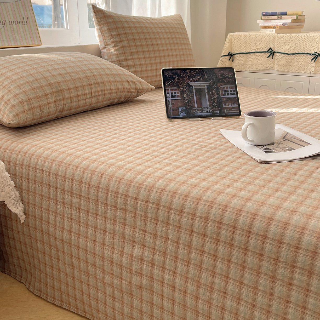 91家纺网 家纺一手货源 找家纺 六巷胡同 2026新款A类全棉纯棉水洗棉色织格子单品床单 床单单件 巷往-绿格