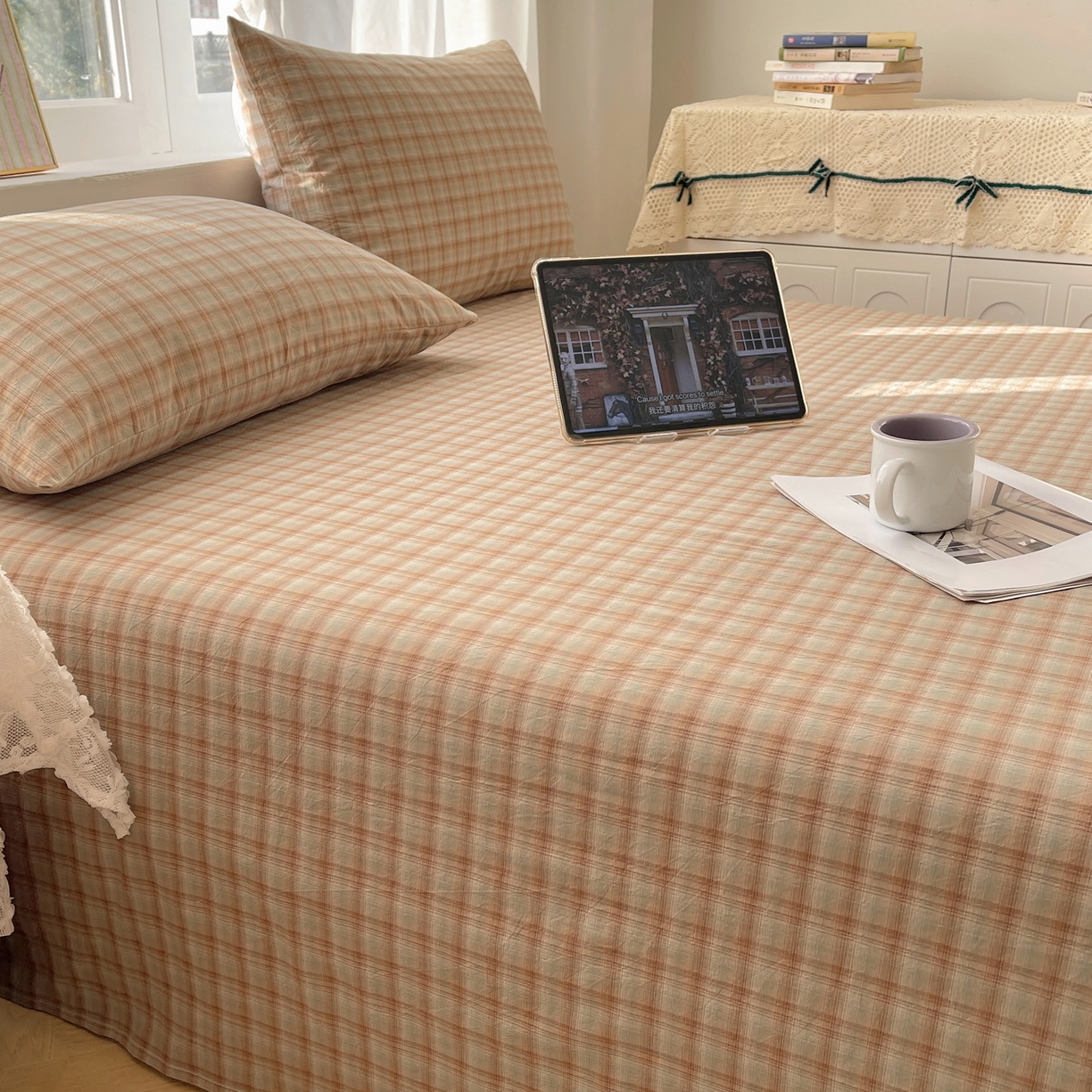 91家纺网 家纺一手货源 找家纺 六巷胡同 2026新款A类全棉纯棉水洗棉色织格子单品床单 床单单件 巷往-绿格