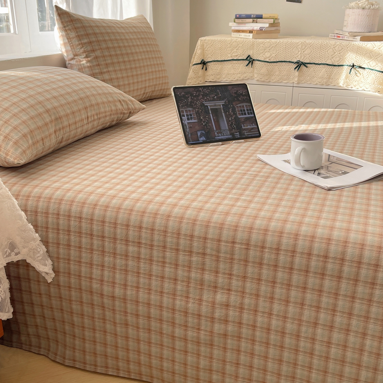 91家纺网 家纺一手货源 找家纺 六巷胡同 2026新款A类全棉纯棉水洗棉色织格子单品床单 床单单件 巷往-绿格