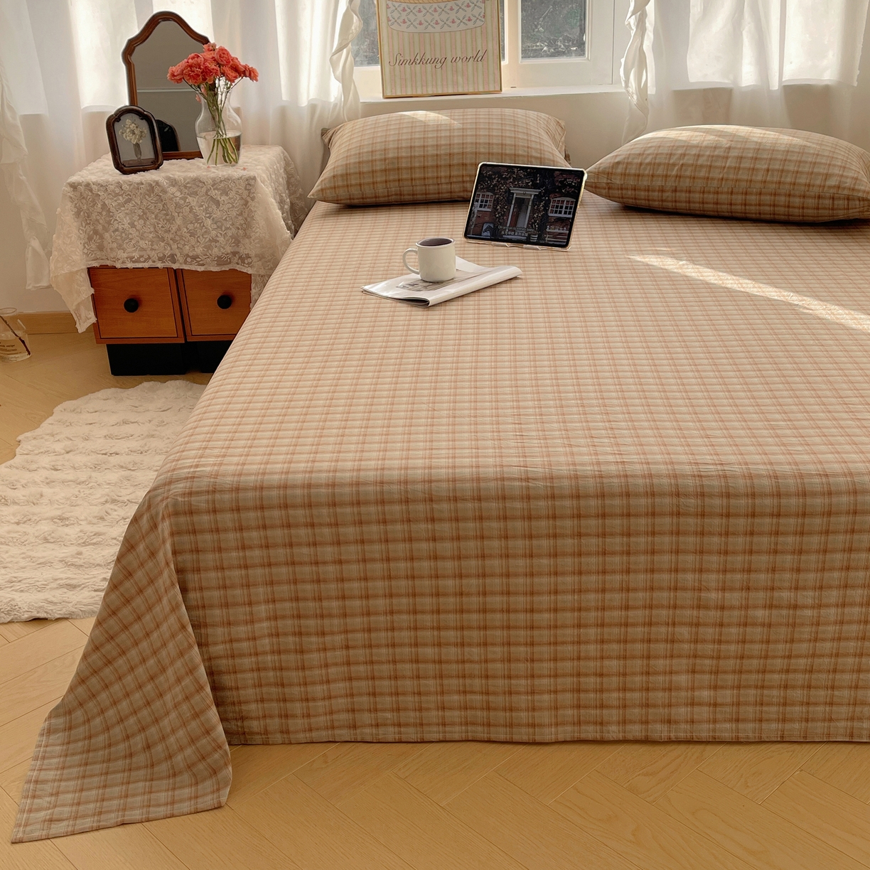 91家纺网 家纺一手货源 找家纺 六巷胡同 2026新款A类全棉纯棉水洗棉色织格子单品床单 床单单件 巷往-绿格