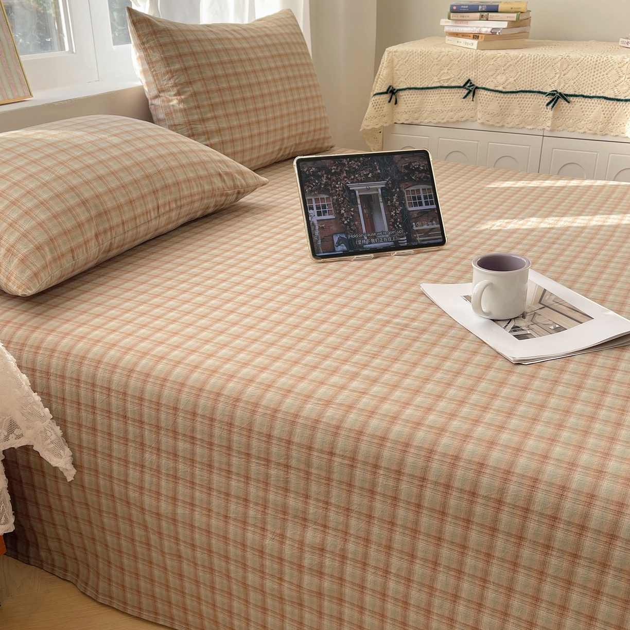 91家纺网 家纺一手货源 找家纺 六巷胡同 2026新款A类全棉纯棉水洗棉色织格子单品床单 床单单件 巷往-绿格