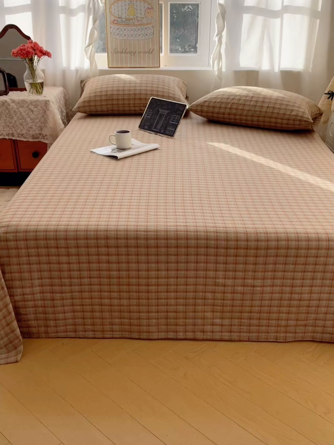 91家纺网 家纺一手货源 找家纺 六巷胡同 2026新款A类全棉纯棉水洗棉色织格子单品床单 床单单件 巷往-绿格