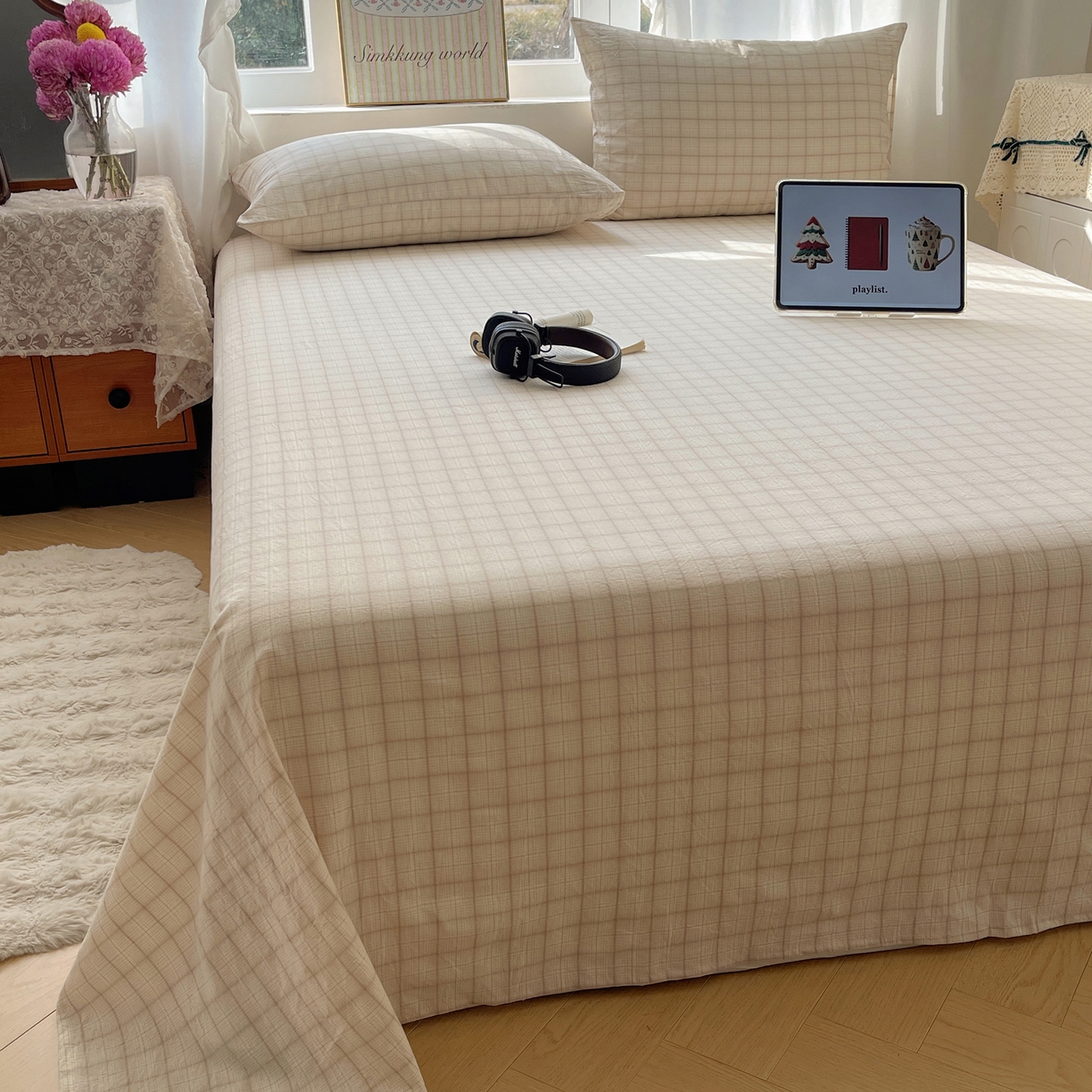 六巷胡同 2026新款A类全棉纯棉水洗棉色织格子单品床单 床单单件 悦野-白格