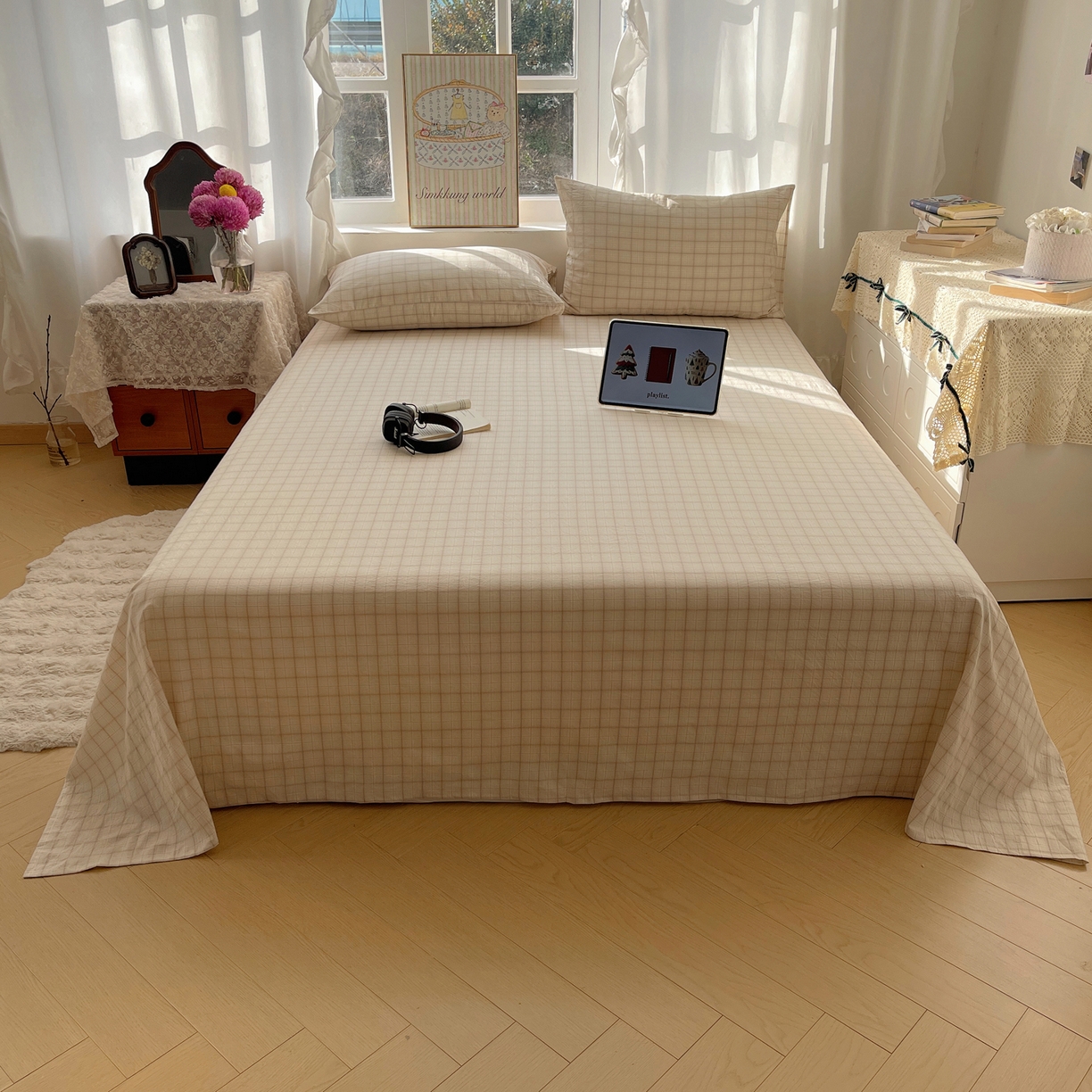 91家纺网 家纺一手货源 找家纺 六巷胡同 2026新款A类全棉纯棉水洗棉色织格子单品床单 床单单件 悦野-白格