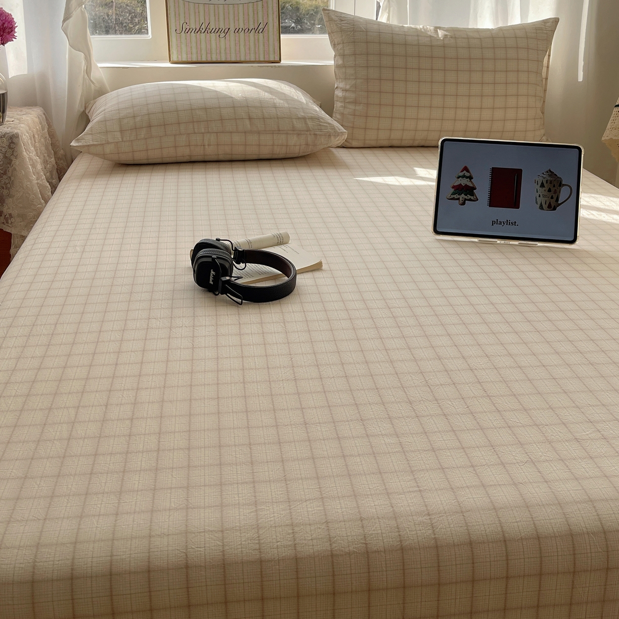 91家纺网 家纺一手货源 找家纺 六巷胡同 2026新款A类全棉纯棉水洗棉色织格子单品床单 床单单件 悦野-白格