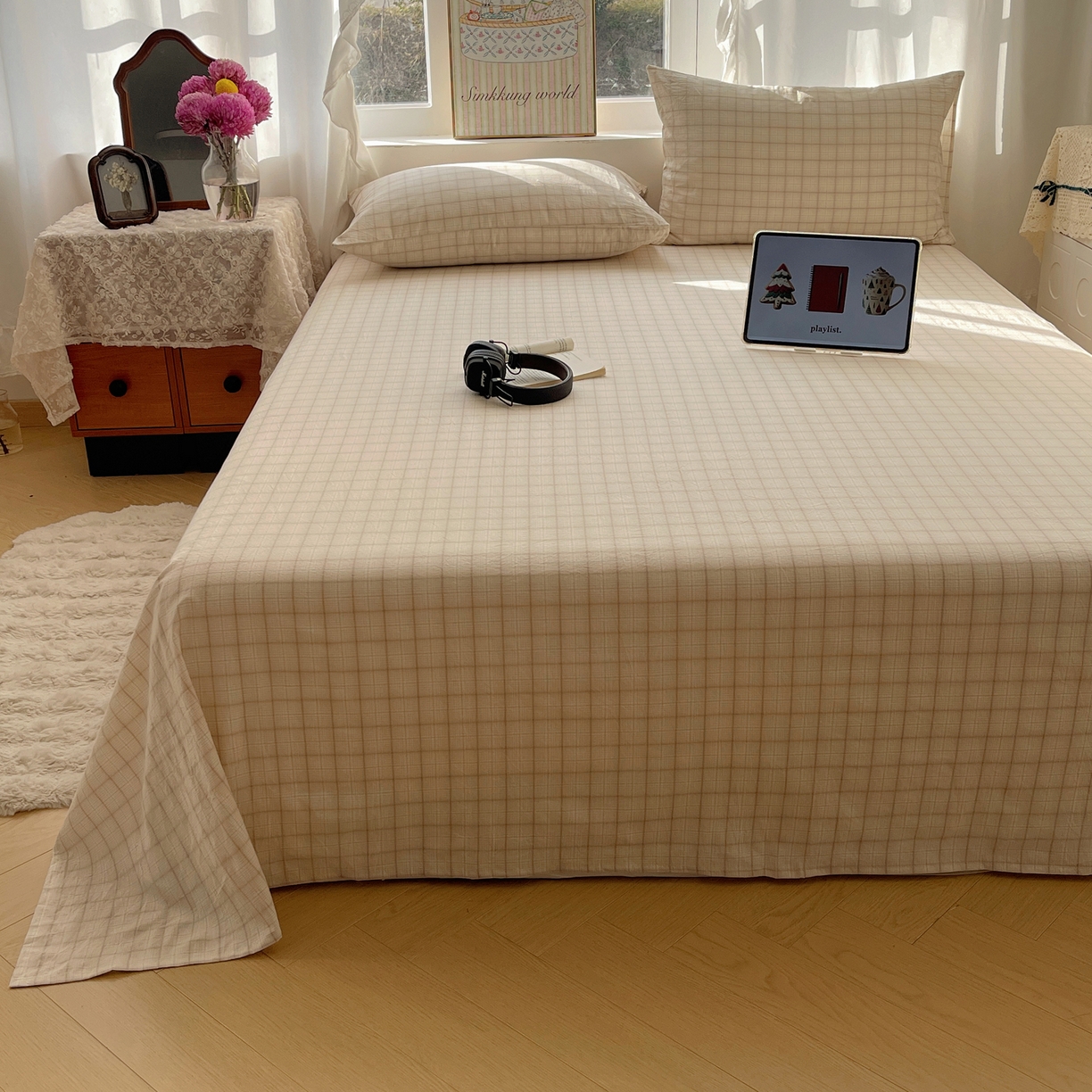 91家纺网 家纺一手货源 找家纺 六巷胡同 2026新款A类全棉纯棉水洗棉色织格子单品床单 床单单件 悦野-白格