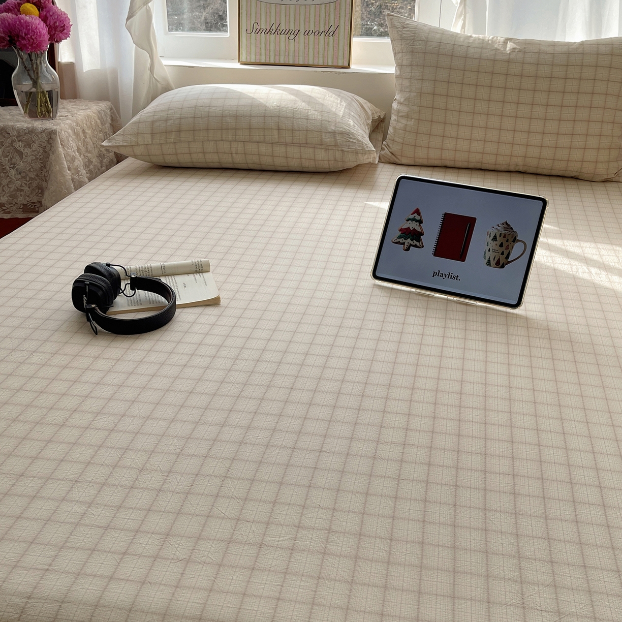 91家纺网 家纺一手货源 找家纺 六巷胡同 2026新款A类全棉纯棉水洗棉色织格子单品床单 床单单件 悦野-白格