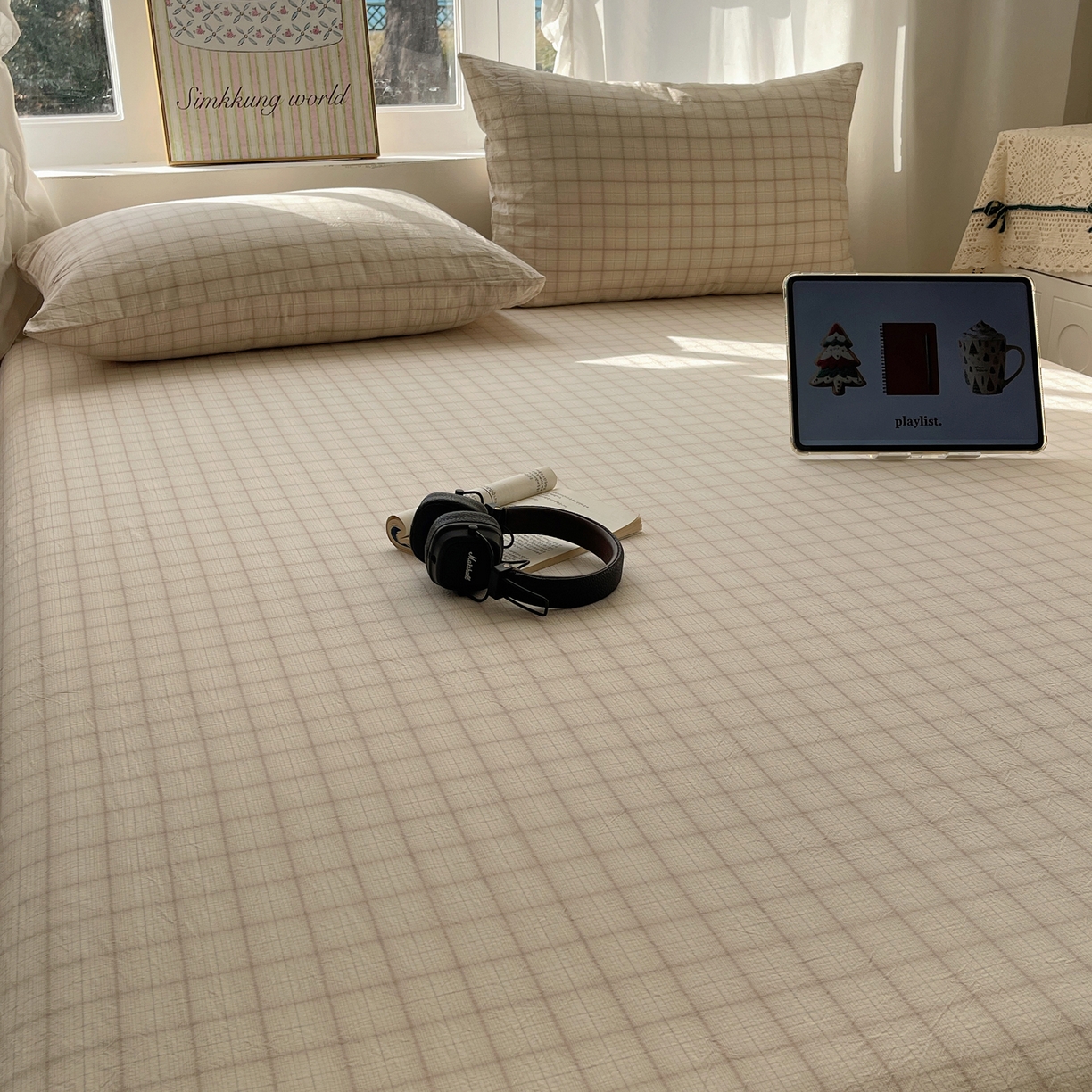 91家纺网 家纺一手货源 找家纺 六巷胡同 2026新款A类全棉纯棉水洗棉色织格子单品床单 床单单件 悦野-白格