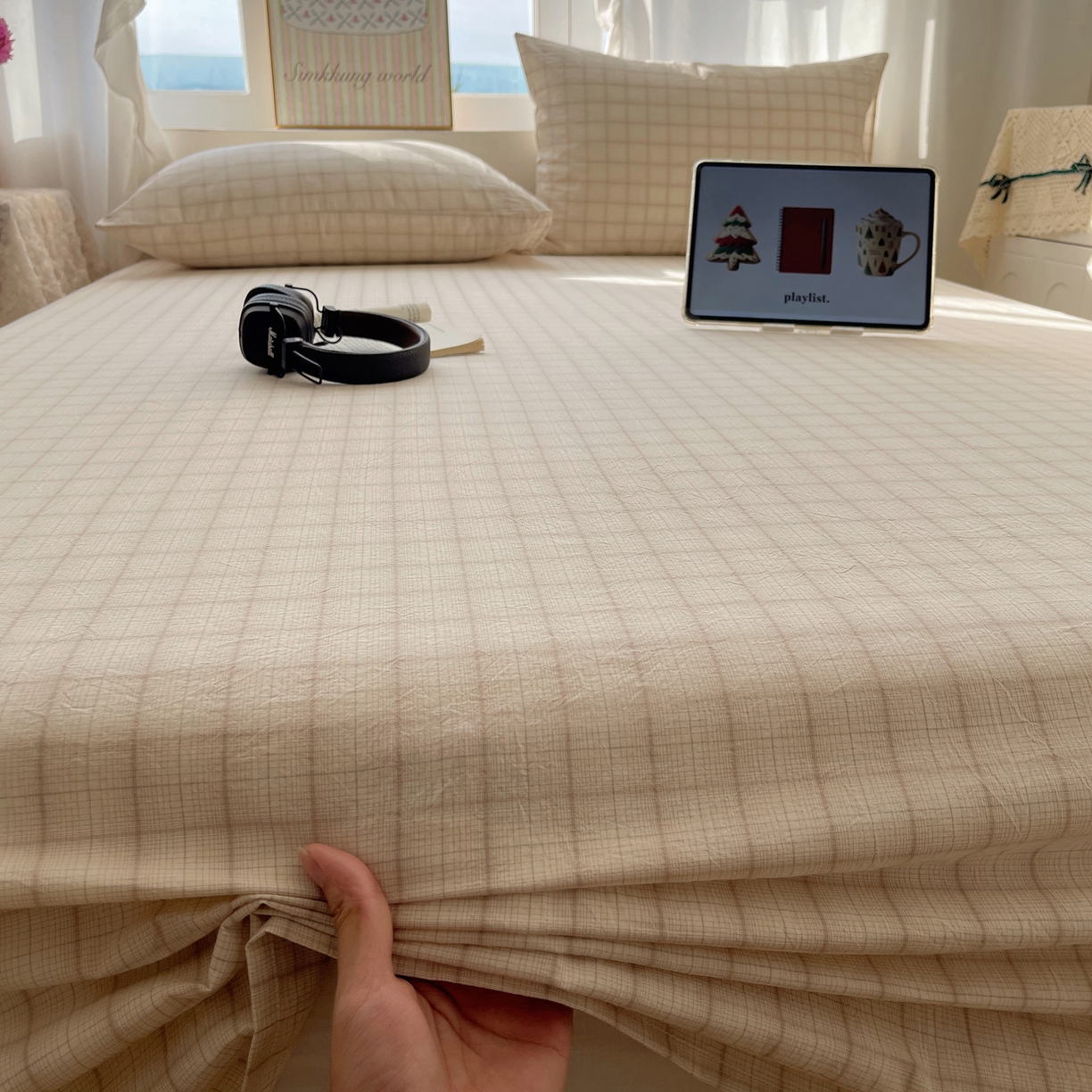 91家纺网 家纺一手货源 找家纺 六巷胡同 2026新款A类全棉纯棉水洗棉色织格子单品床单 床单单件 悦野-白格