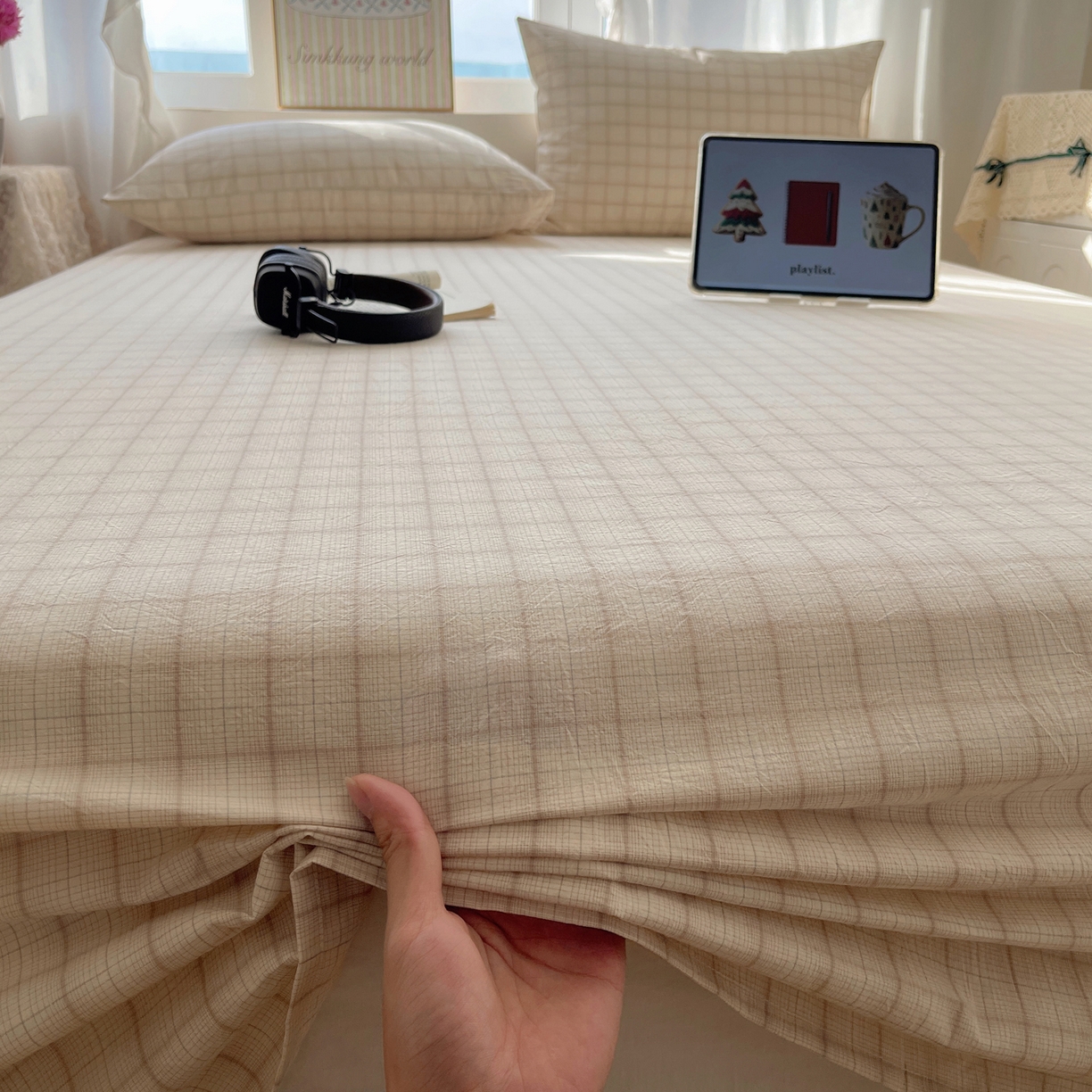 91家纺网 家纺一手货源 找家纺 六巷胡同 2026新款A类全棉纯棉水洗棉色织格子单品床单 床单单件 悦野-白格