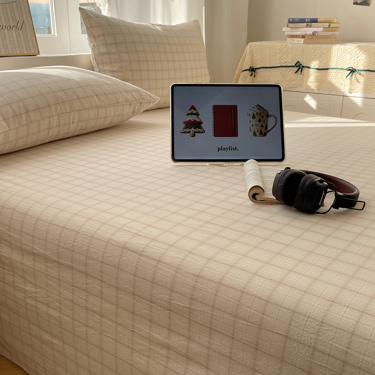 91家纺网 家纺一手货源 找家纺 六巷胡同 2026新款A类全棉纯棉水洗棉色织格子单品床单 床单单件 悦野-白格