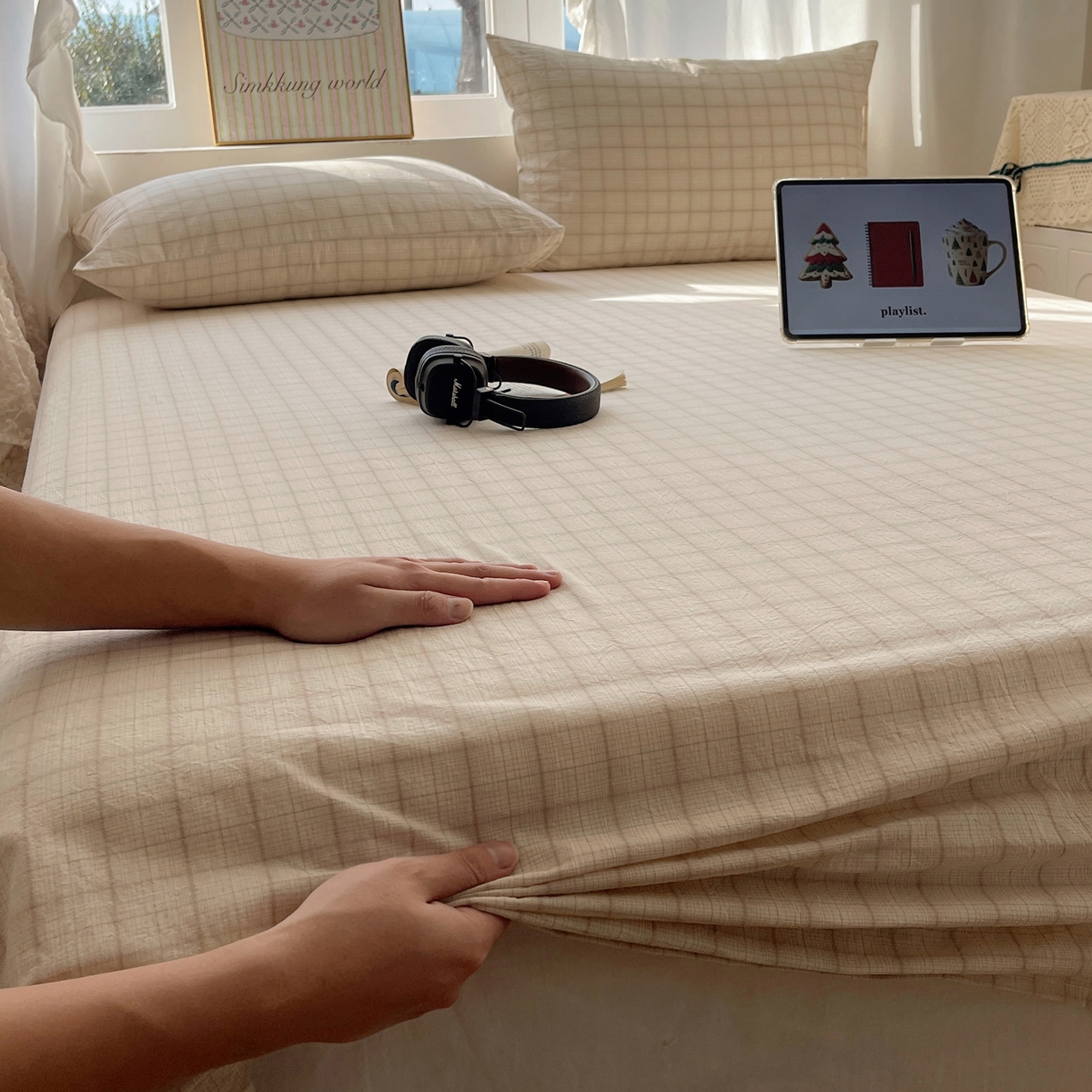 91家纺网 家纺一手货源 找家纺 六巷胡同 2026新款A类全棉纯棉水洗棉色织格子单品床单 床单单件 悦野-白格