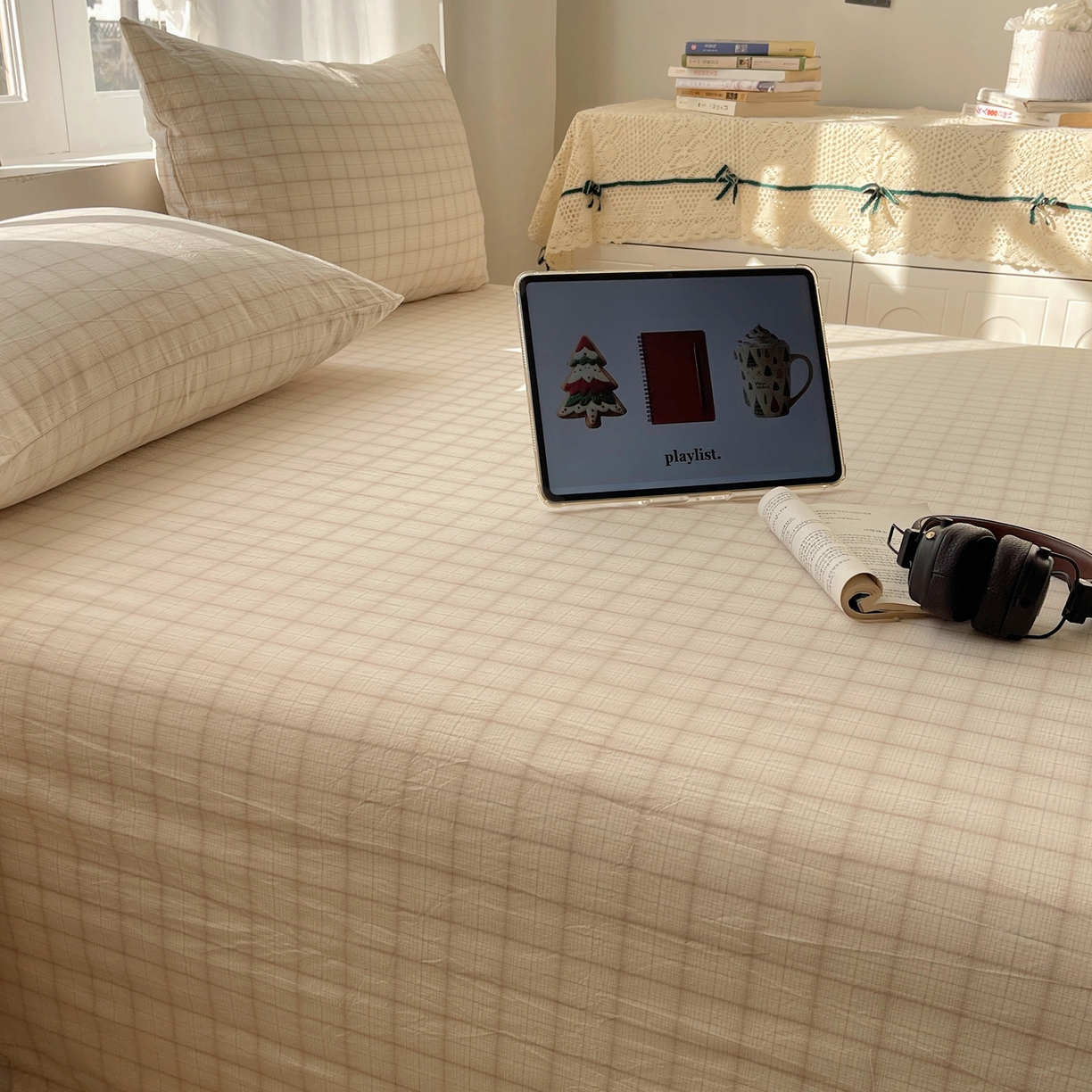 91家纺网 家纺一手货源 找家纺 六巷胡同 2026新款A类全棉纯棉水洗棉色织格子单品床单 床单单件 悦野-白格