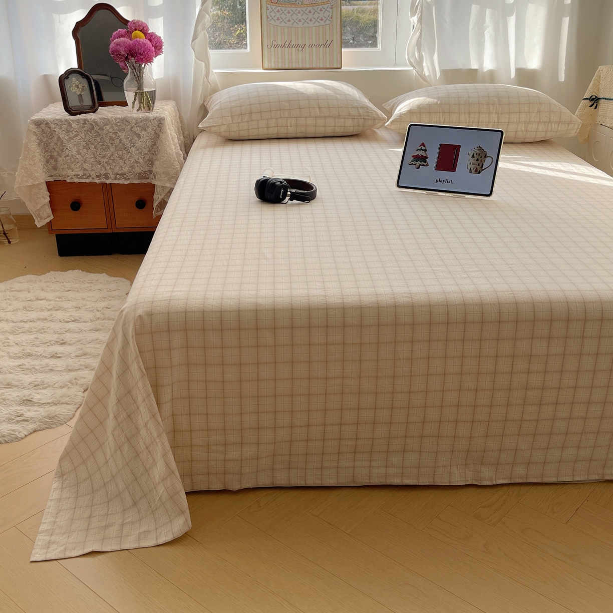 91家纺网 家纺一手货源 找家纺 六巷胡同 2026新款A类全棉纯棉水洗棉色织格子单品床单 床单单件 悦野-白格