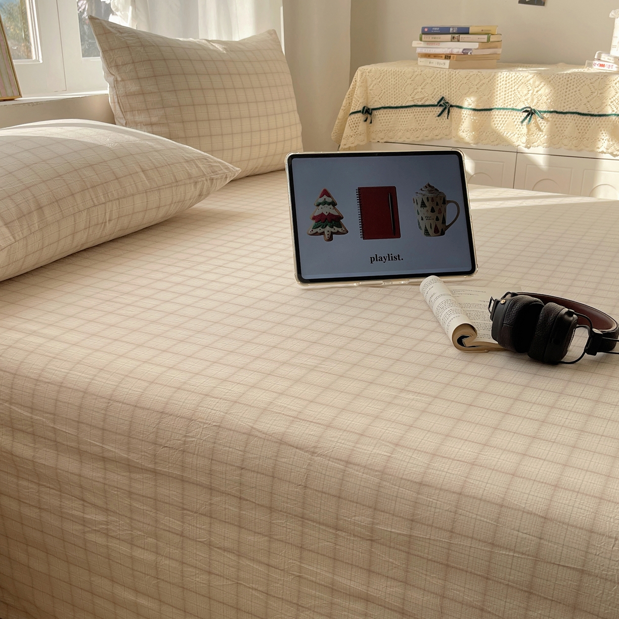 91家纺网 家纺一手货源 找家纺 六巷胡同 2026新款A类全棉纯棉水洗棉色织格子单品床单 床单单件 悦野-白格