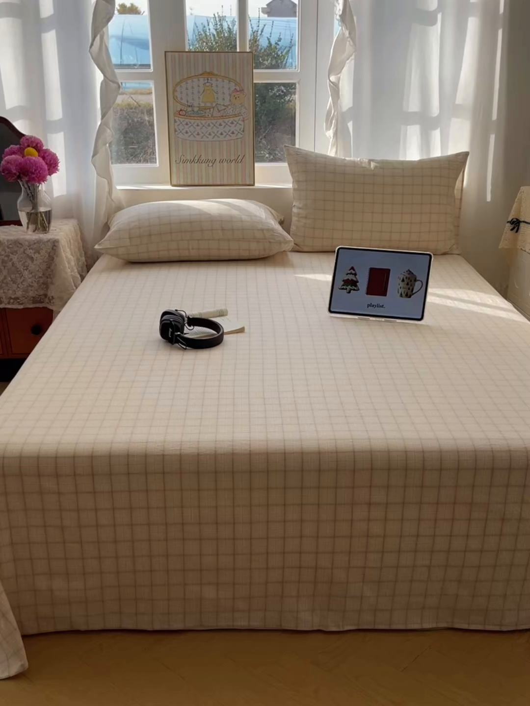 91家纺网 家纺一手货源 找家纺 六巷胡同 2026新款A类全棉纯棉水洗棉色织格子单品床单 床单单件 悦野-白格