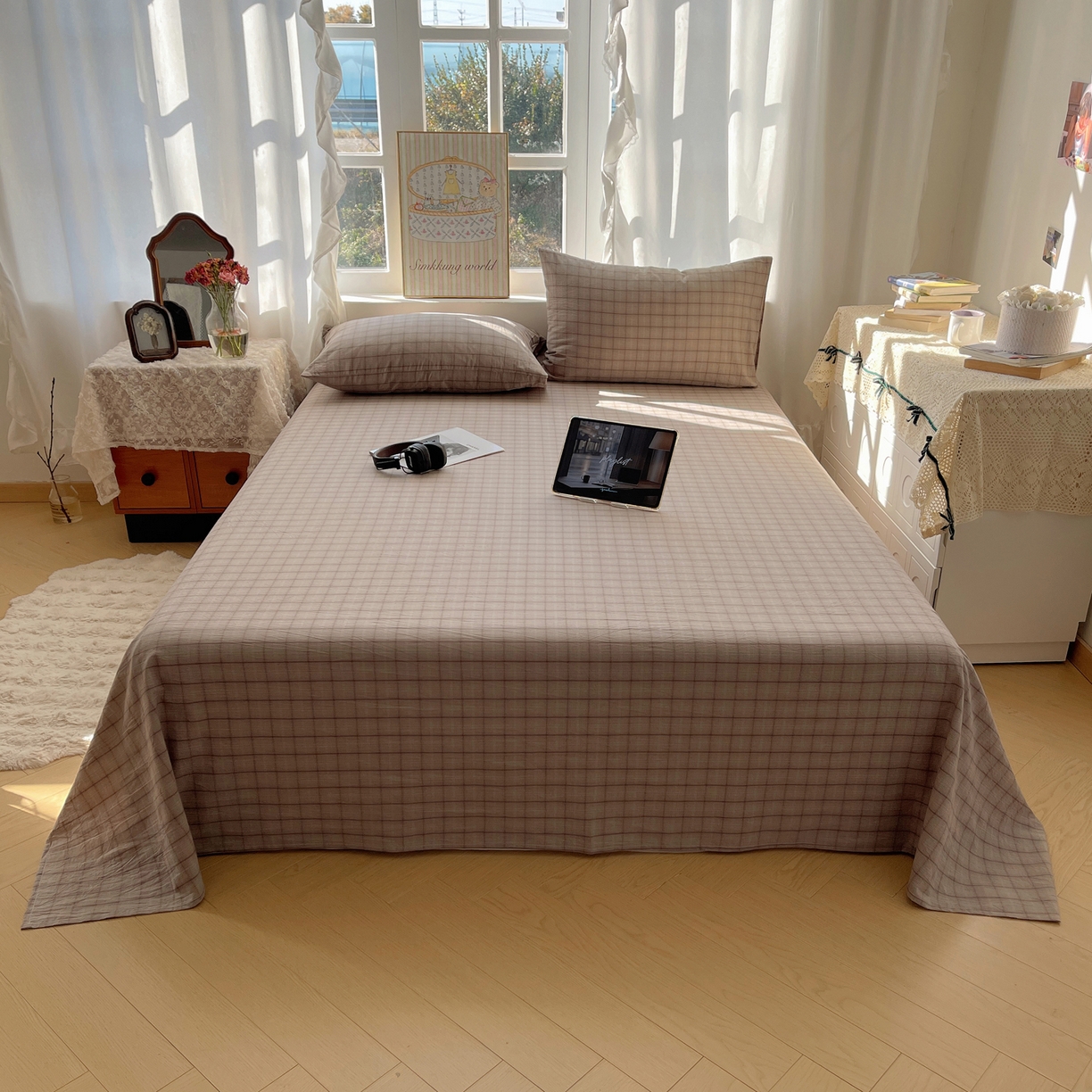 91家纺网 家纺一手货源 找家纺 六巷胡同 2026新款A类全棉纯棉水洗棉色织格子单品床单 床单单件 悦野-灰格