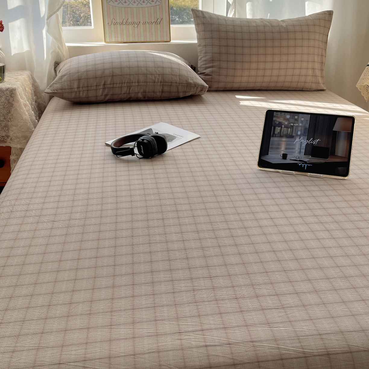 91家纺网 家纺一手货源 找家纺 六巷胡同 2026新款A类全棉纯棉水洗棉色织格子单品床单 床单单件 悦野-灰格