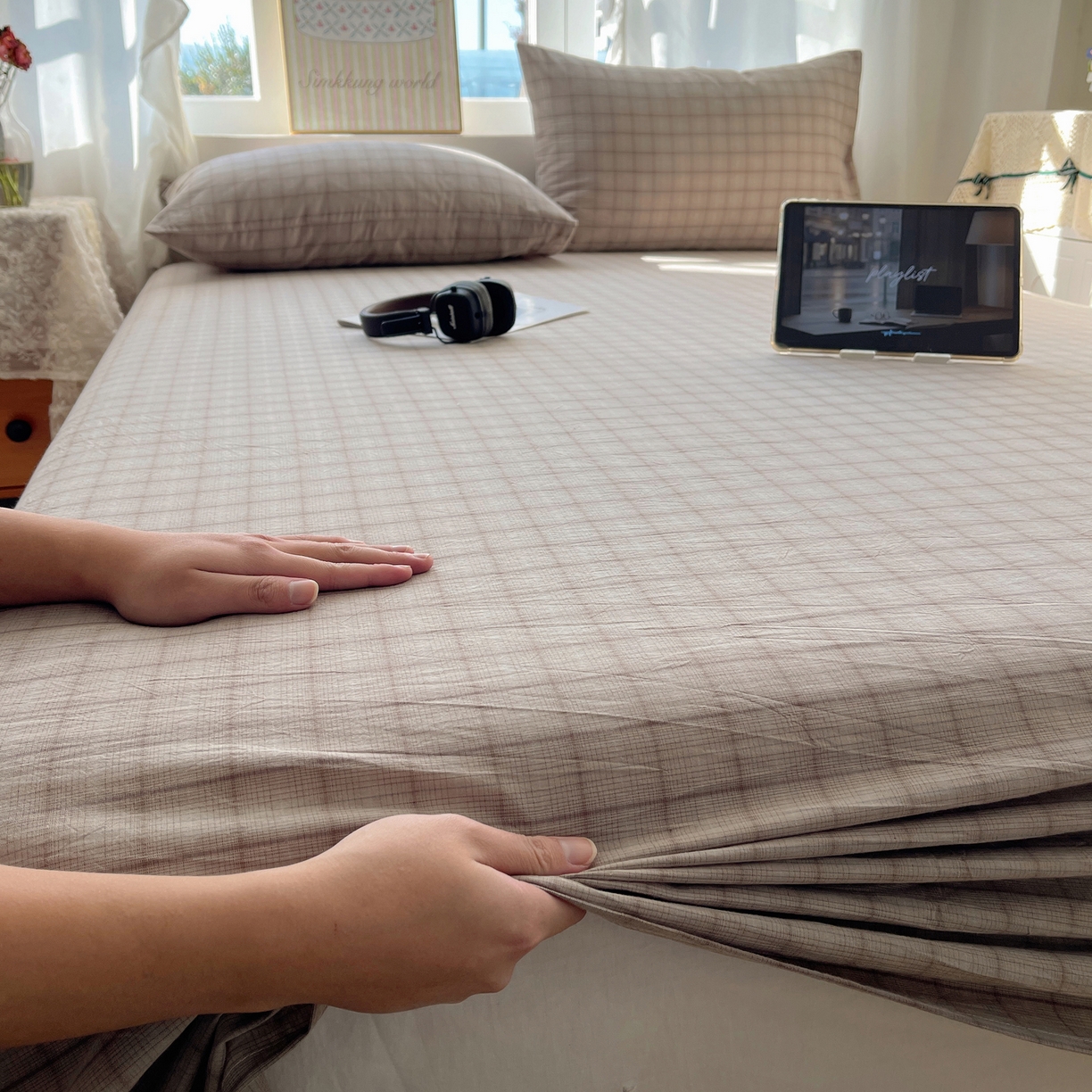 91家纺网 家纺一手货源 找家纺 六巷胡同 2026新款A类全棉纯棉水洗棉色织格子单品床单 床单单件 悦野-灰格