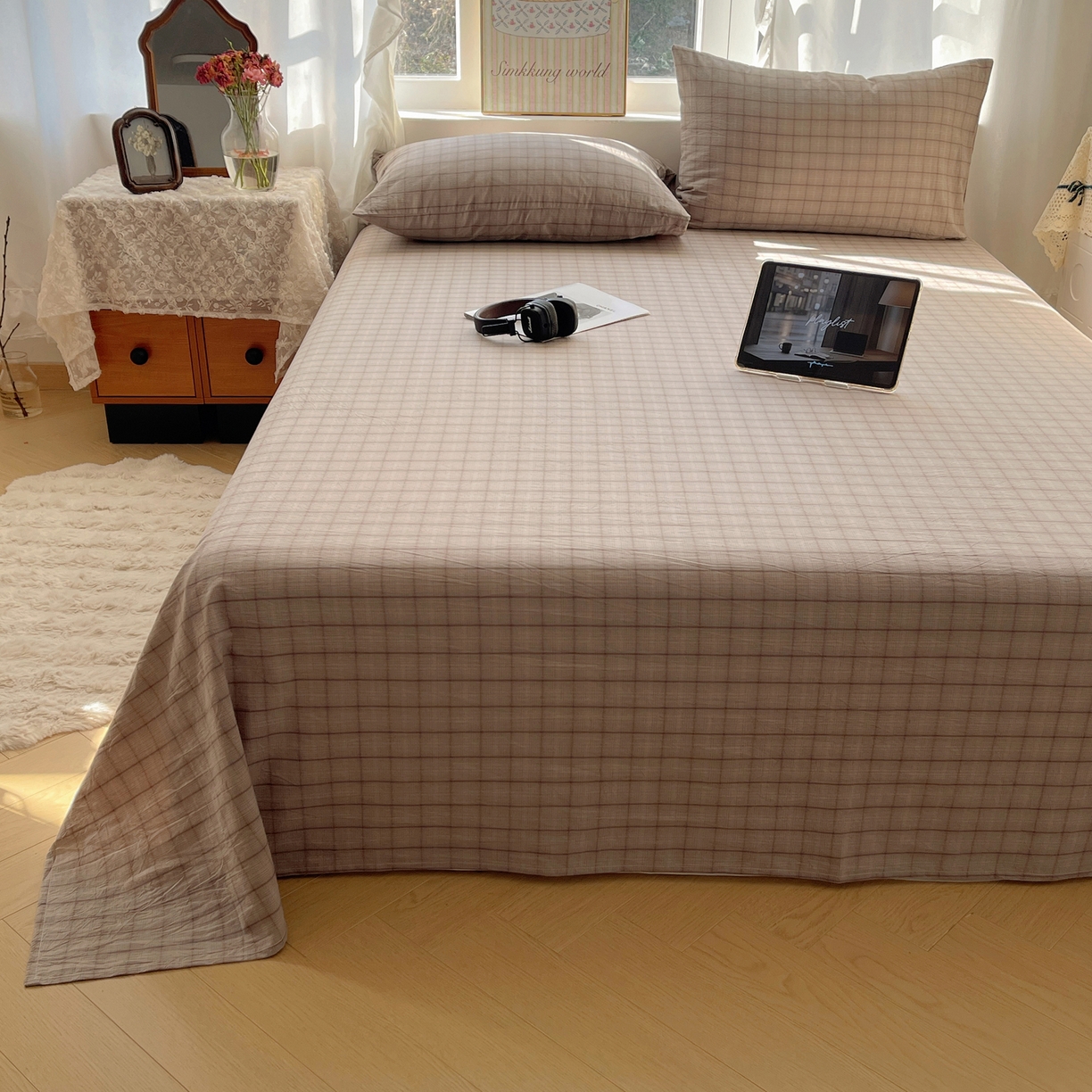 91家纺网 家纺一手货源 找家纺 六巷胡同 2026新款A类全棉纯棉水洗棉色织格子单品床单 床单单件 悦野-灰格