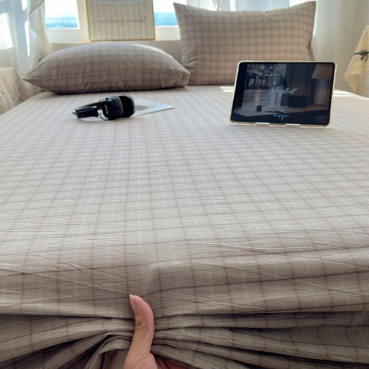 91家纺网 家纺一手货源 找家纺 六巷胡同 2026新款A类全棉纯棉水洗棉色织格子单品床单 床单单件 悦野-灰格