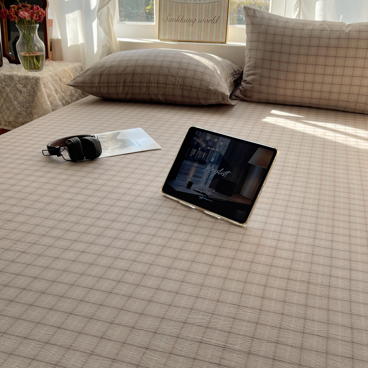 91家纺网 家纺一手货源 找家纺 六巷胡同 2026新款A类全棉纯棉水洗棉色织格子单品床单 床单单件 悦野-灰格