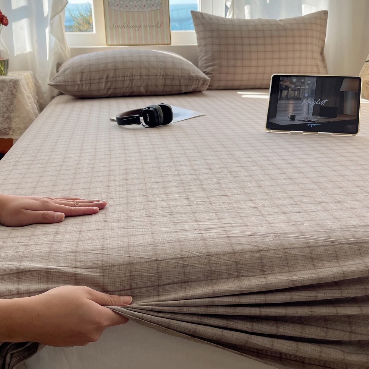 91家纺网 家纺一手货源 找家纺 六巷胡同 2026新款A类全棉纯棉水洗棉色织格子单品床单 床单单件 悦野-灰格