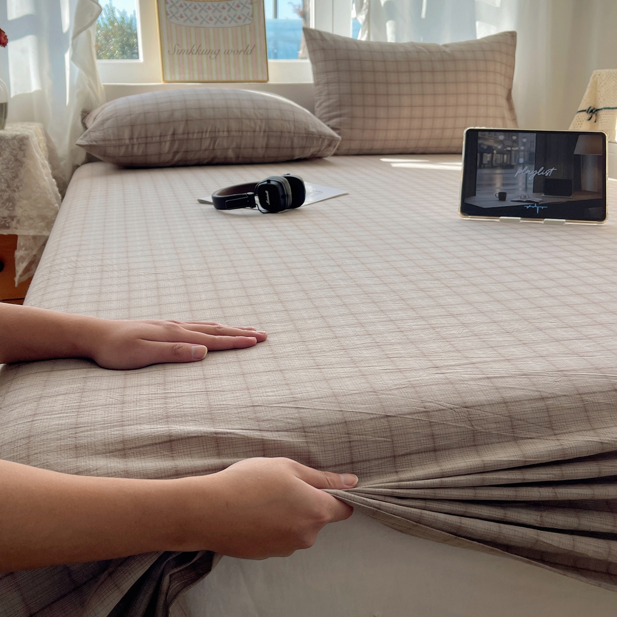 91家纺网 家纺一手货源 找家纺 六巷胡同 2026新款A类全棉纯棉水洗棉色织格子单品床单 床单单件 悦野-灰格