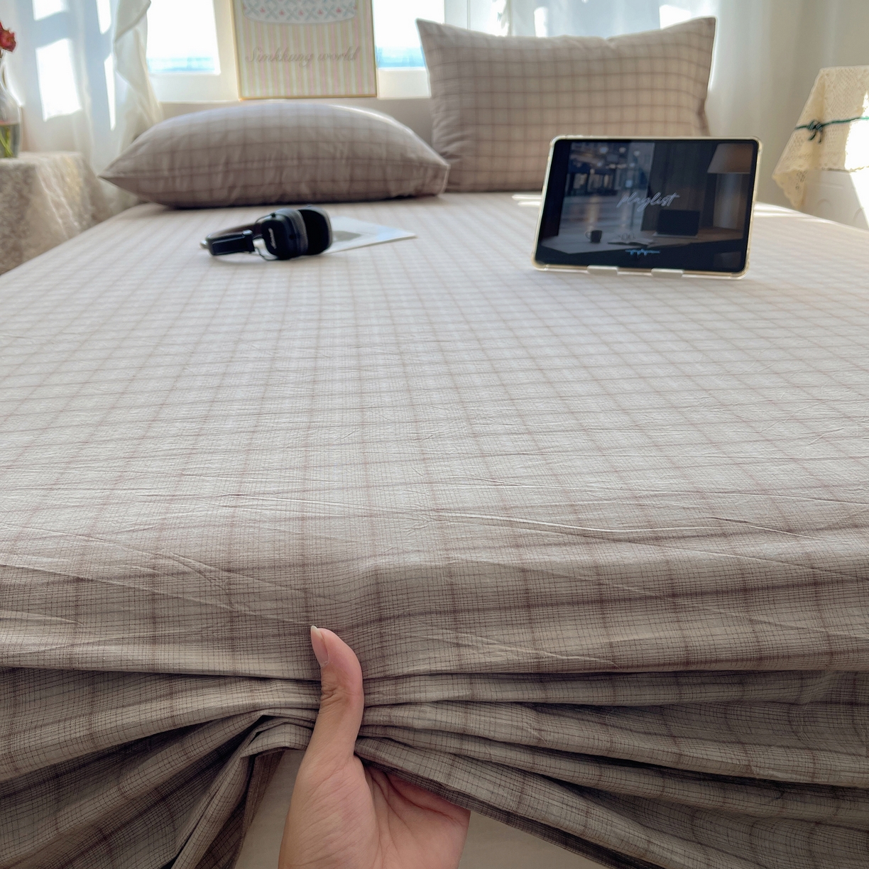 91家纺网 家纺一手货源 找家纺 六巷胡同 2026新款A类全棉纯棉水洗棉色织格子单品床单 床单单件 悦野-灰格