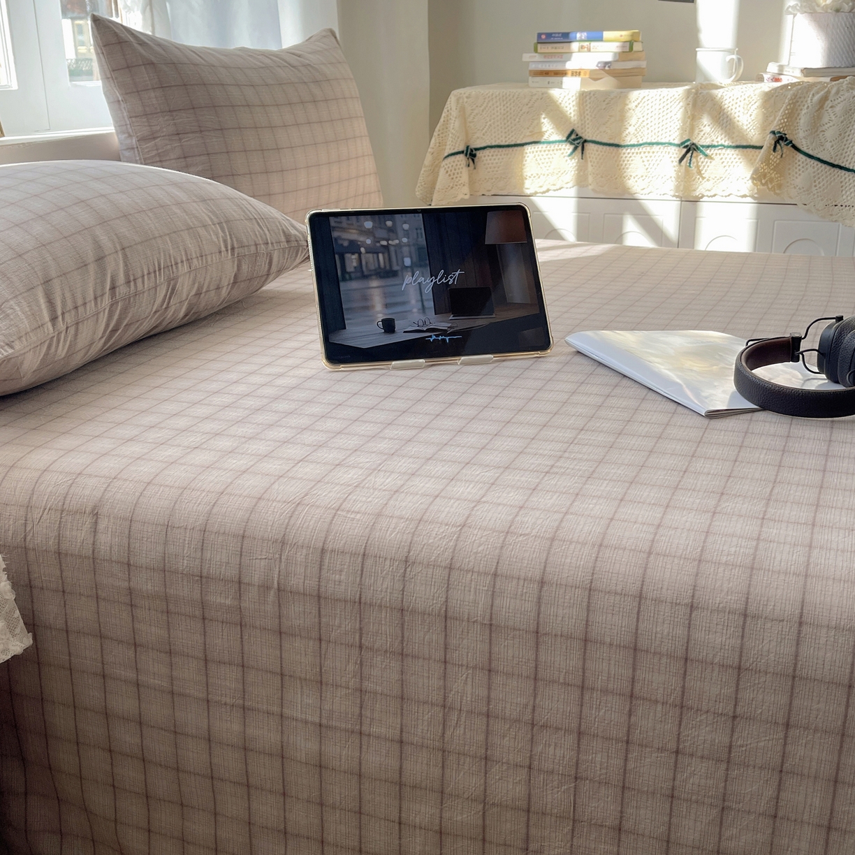 91家纺网 家纺一手货源 找家纺 六巷胡同 2026新款A类全棉纯棉水洗棉色织格子单品床单 床单单件 悦野-灰格