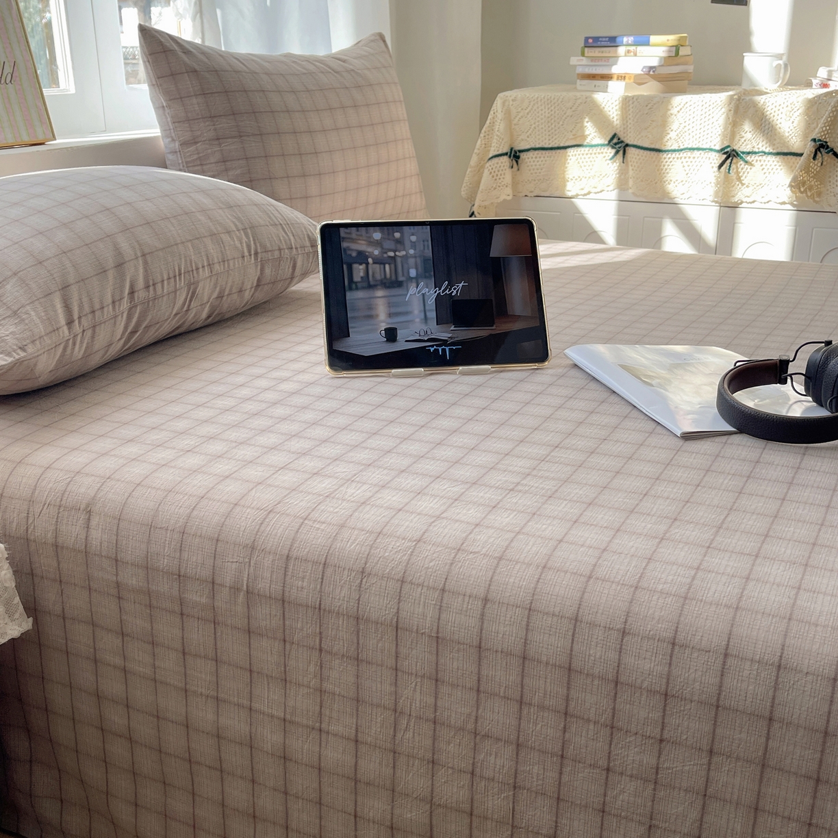 91家纺网 家纺一手货源 找家纺 六巷胡同 2026新款A类全棉纯棉水洗棉色织格子单品床单 床单单件 悦野-灰格