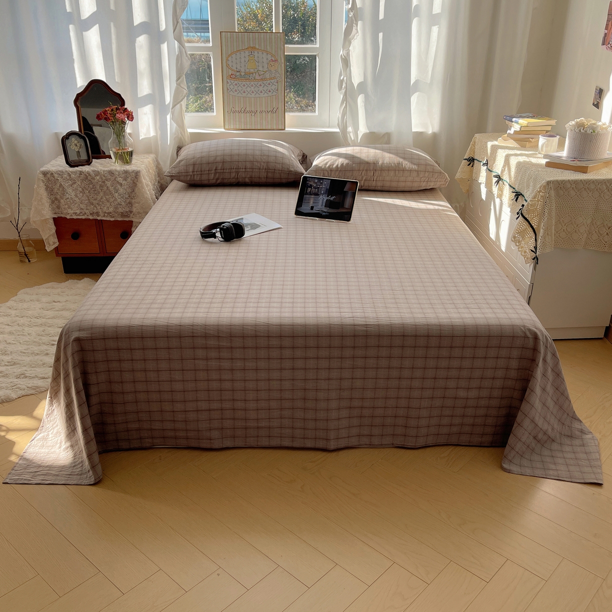 91家纺网 家纺一手货源 找家纺 六巷胡同 2026新款A类全棉纯棉水洗棉色织格子单品床单 床单单件 悦野-灰格