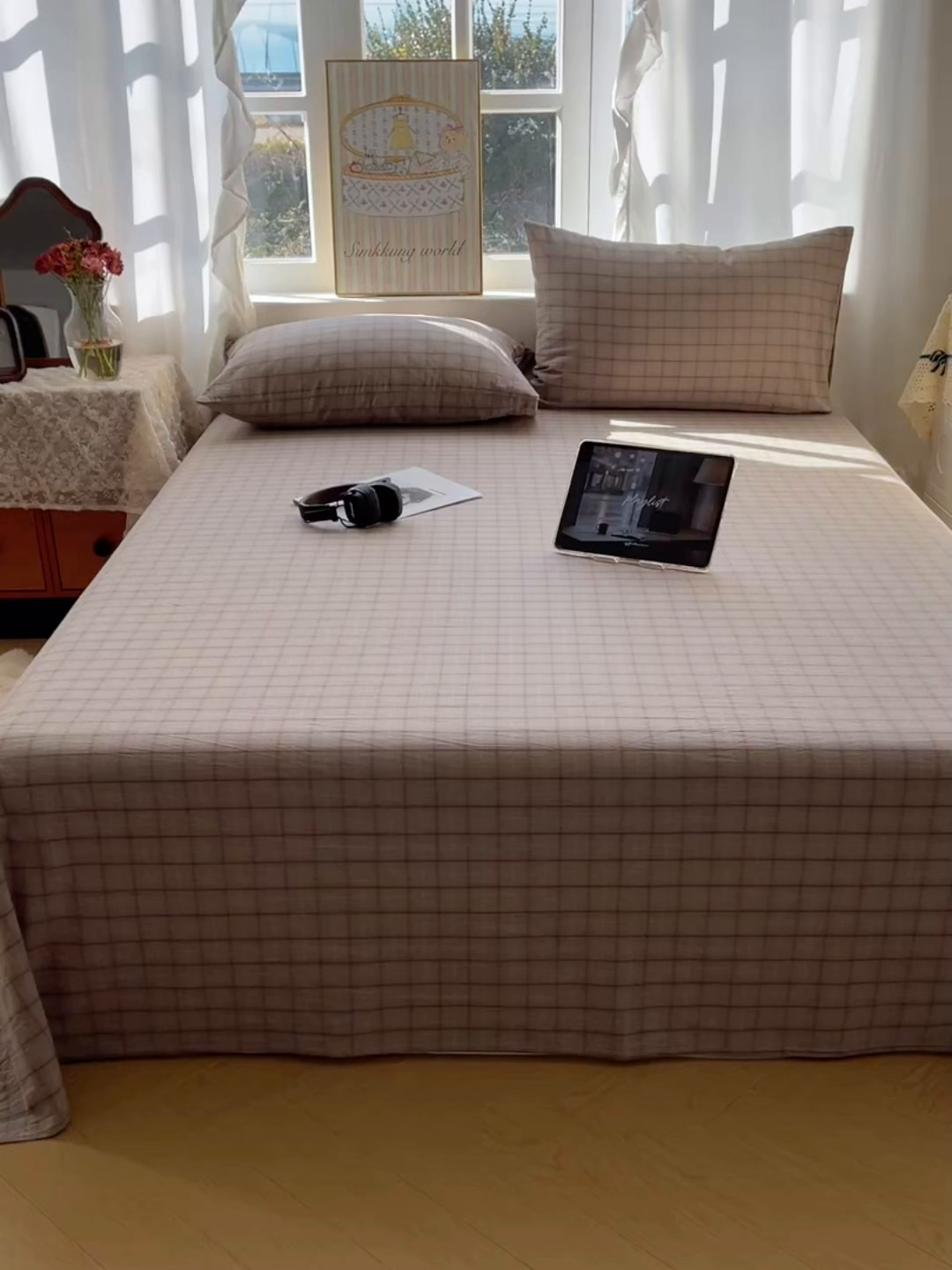 91家纺网 家纺一手货源 找家纺 六巷胡同 2026新款A类全棉纯棉水洗棉色织格子单品床单 床单单件 悦野-灰格