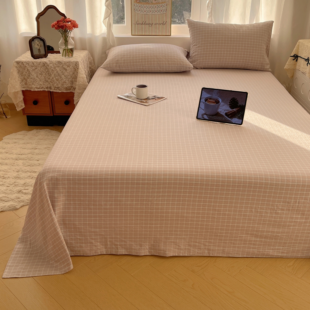 91家纺网 家纺一手货源 找家纺 六巷胡同 2026新款A类全棉纯棉水洗棉色织格子单品床单 床单单件 知序-灰格