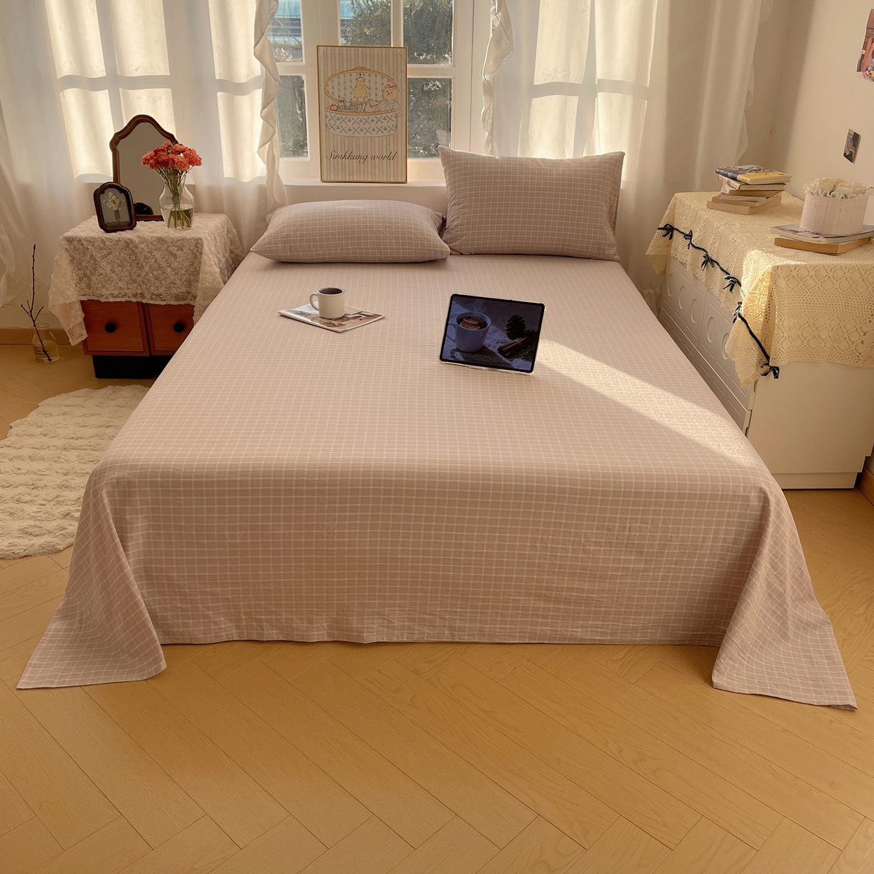 91家纺网 家纺一手货源 找家纺 六巷胡同 2026新款A类全棉纯棉水洗棉色织格子单品床单 床单单件 知序-灰格