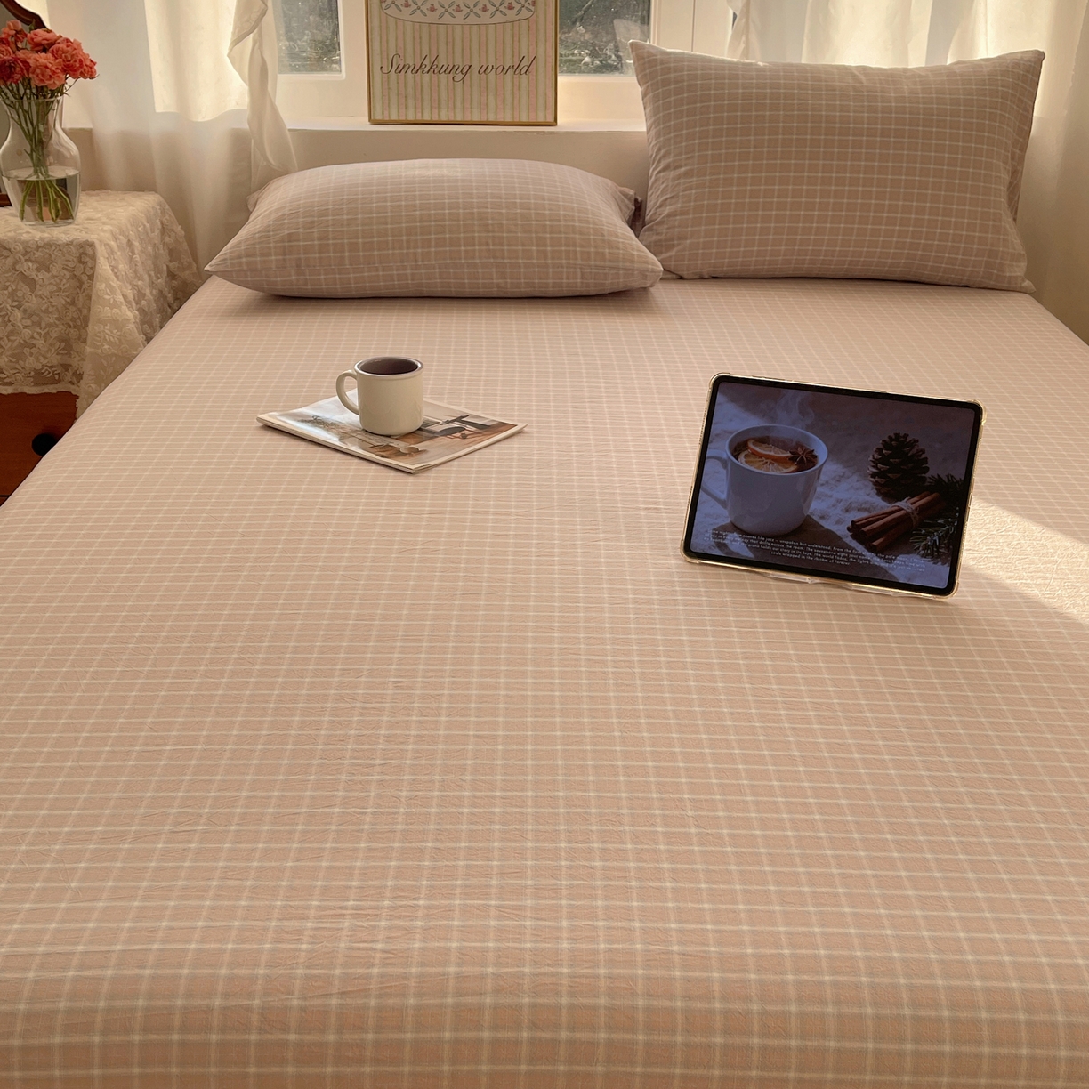 91家纺网 家纺一手货源 找家纺 六巷胡同 2026新款A类全棉纯棉水洗棉色织格子单品床单 床单单件 知序-灰格