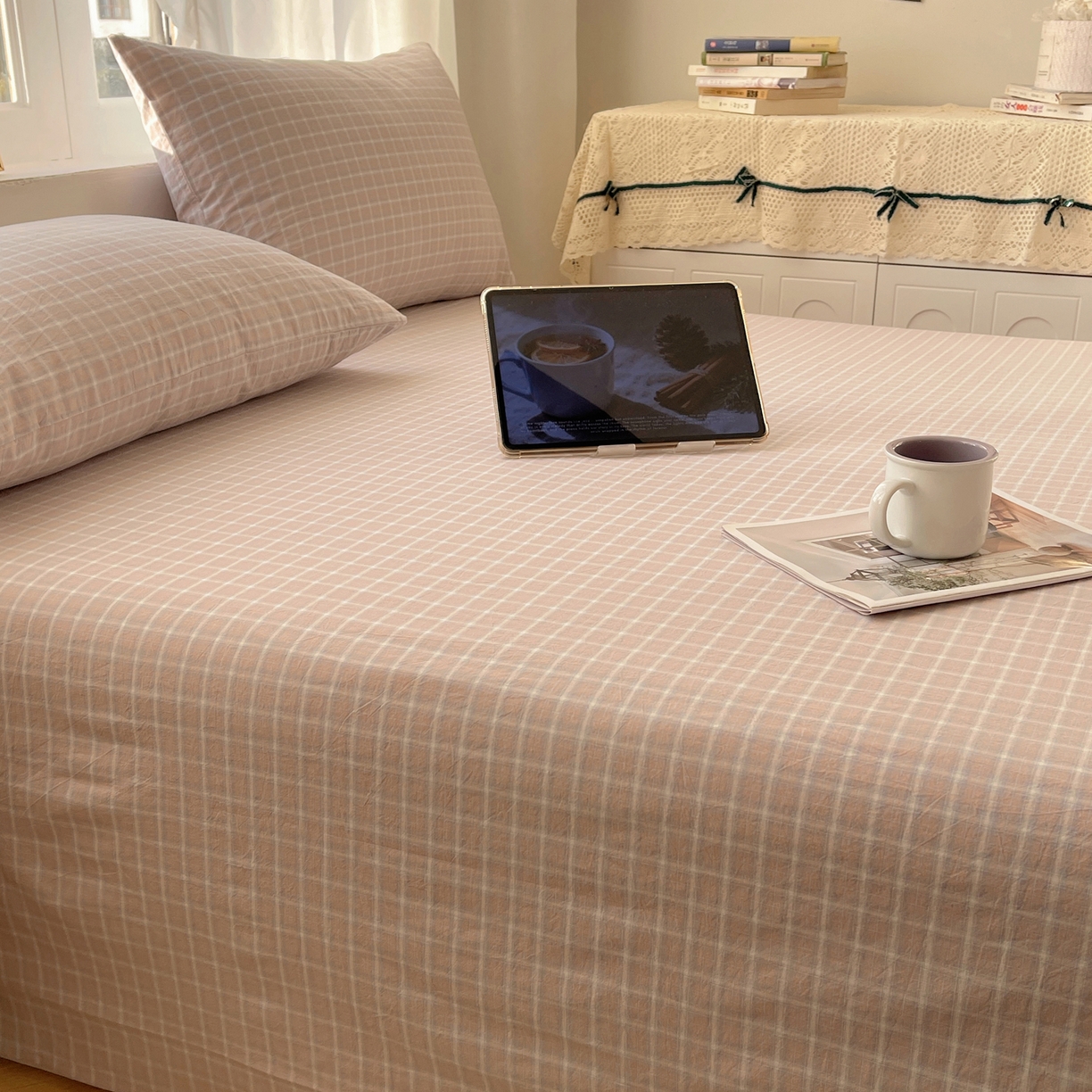 91家纺网 家纺一手货源 找家纺 六巷胡同 2026新款A类全棉纯棉水洗棉色织格子单品床单 床单单件 知序-灰格