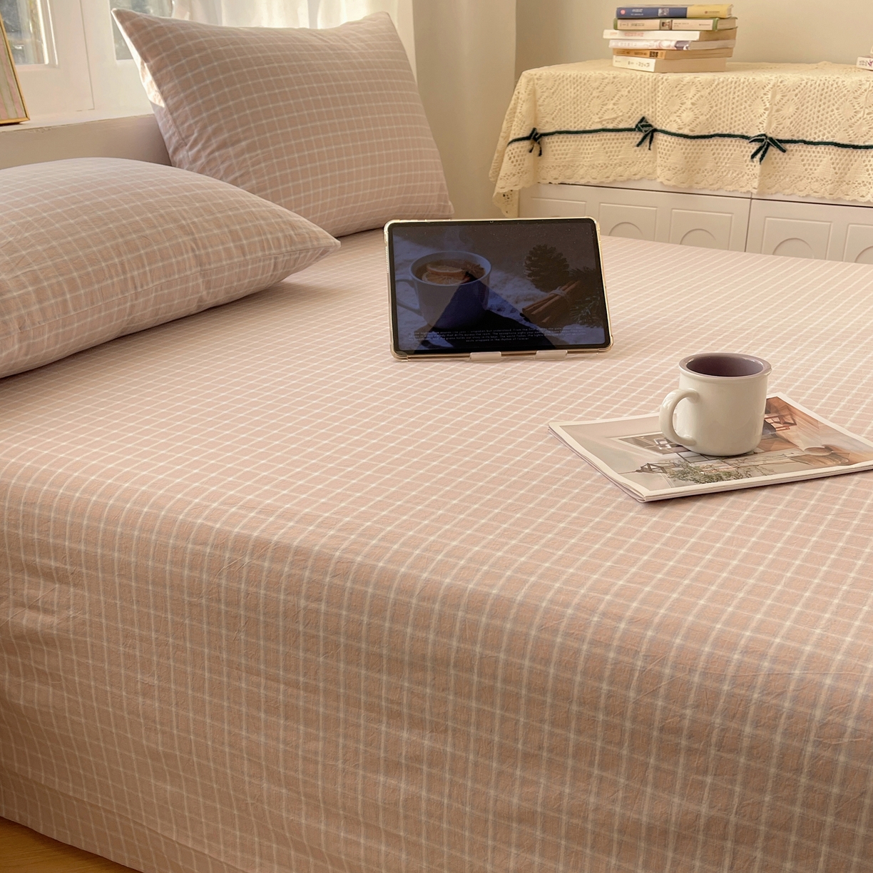 91家纺网 家纺一手货源 找家纺 六巷胡同 2026新款A类全棉纯棉水洗棉色织格子单品床单 床单单件 知序-灰格