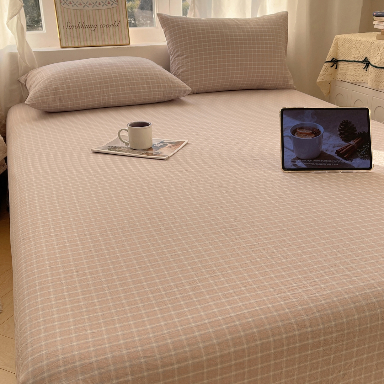 91家纺网 家纺一手货源 找家纺 六巷胡同 2026新款A类全棉纯棉水洗棉色织格子单品床单 床单单件 知序-灰格